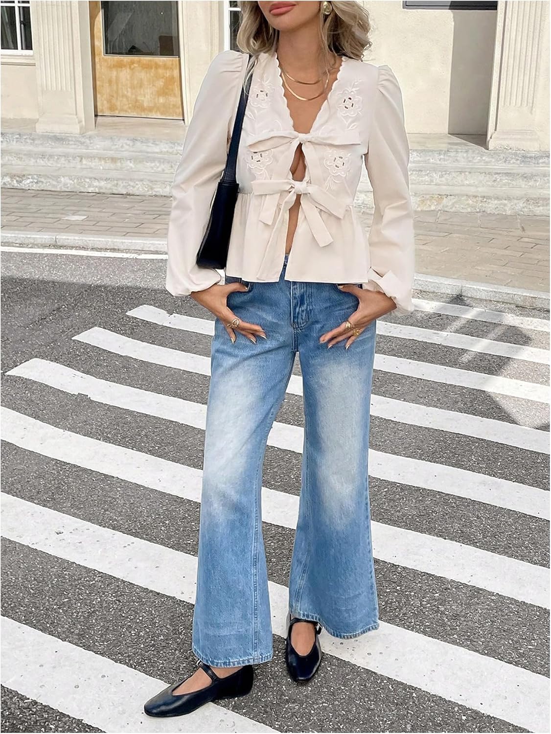 OYOANGLE Women's Floral Embroidery Bow Tie Front Blouse Lantern Long Sleeve Ruffle Peplum Tops - Image 5