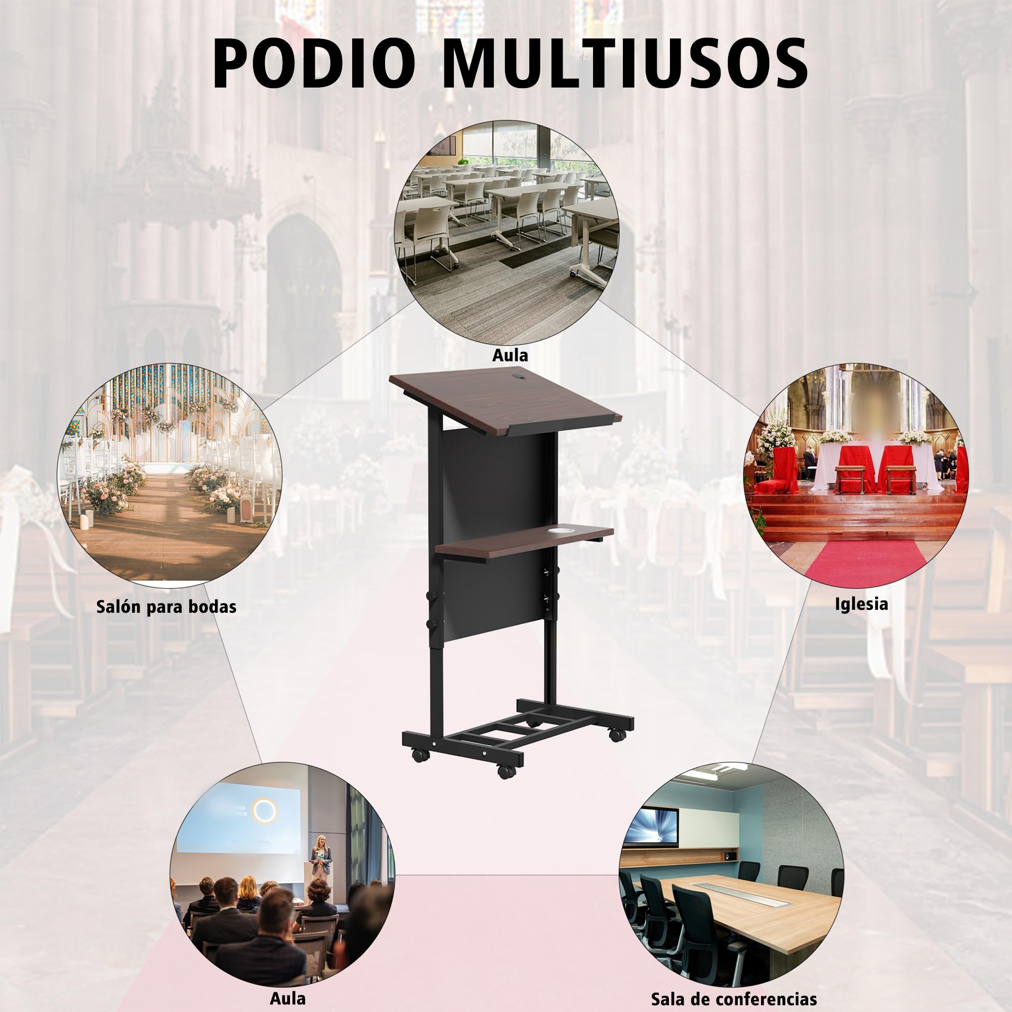 Atril portátil con 7 Posiciones de Altura Ajustables, podio con Estante y portavasos, Soporte móvil para seminarios y escuelas.