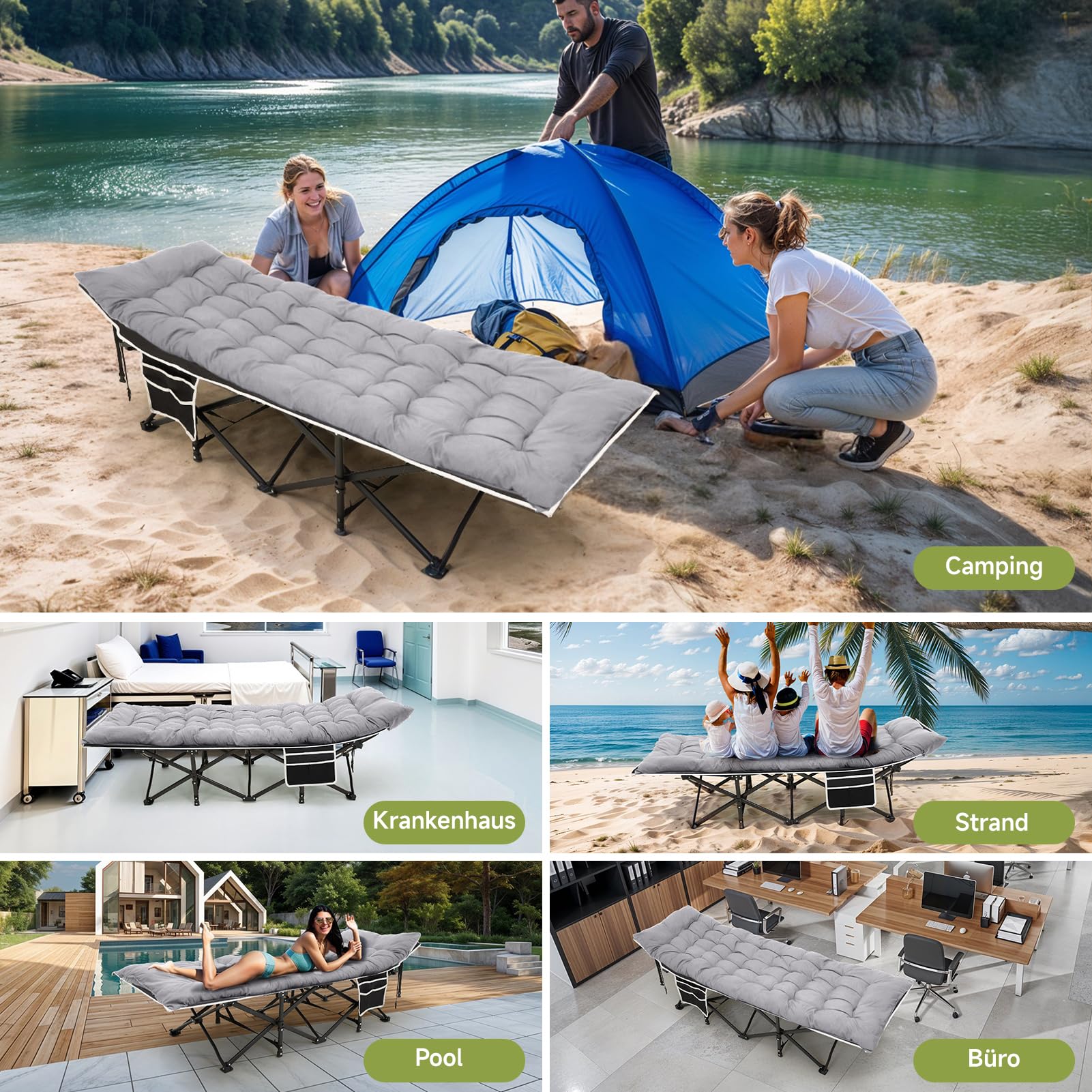Warmiehomy Cama plegable XXL con colchón para adultos, cama de invitados plegable, extra ancha, resistente, cama de camping con bolsillo lateral, bolsa de transporte, camas para exteriores, camping