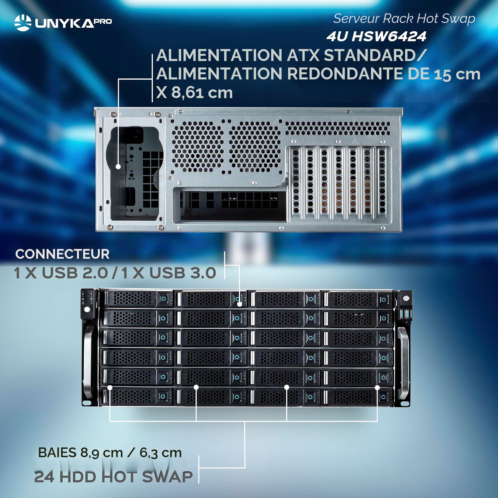 UNYKAch Châssis Serveur Rack Hot Swap 4U/24 Baies PYROJEWEL-A-20052233