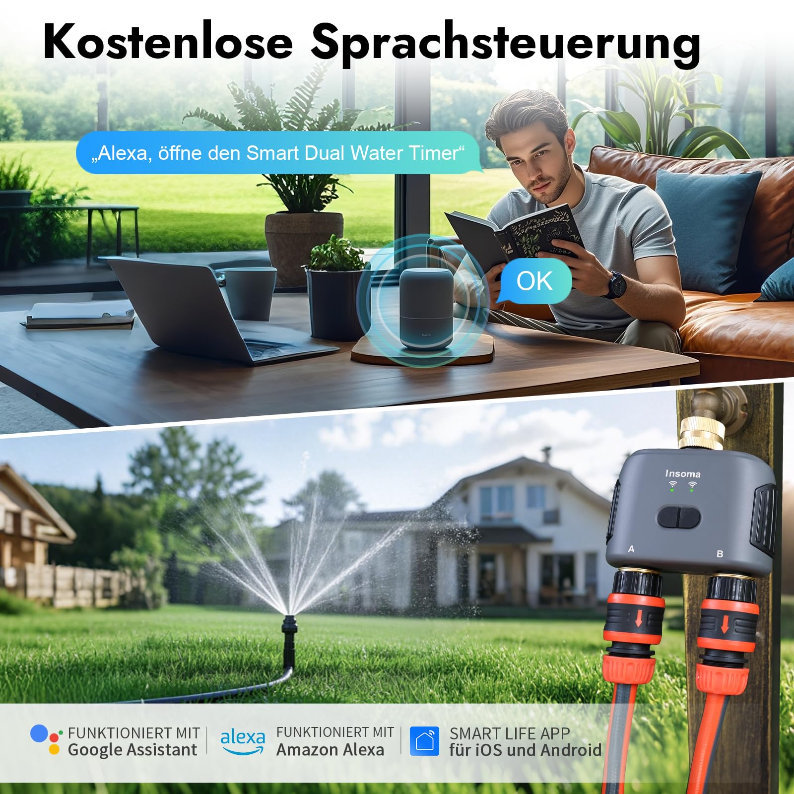 2-Zonen-Wasser-Timer mit Messing-Ein- und Auslass, Sprinkler-Timer für Gartenschlauch, APP-Fernbedienung, WiFi-Schlauch-Timer mit Gateway, Sprachsteuerung mit Alexa, Regenverzögerung und manueller Mod