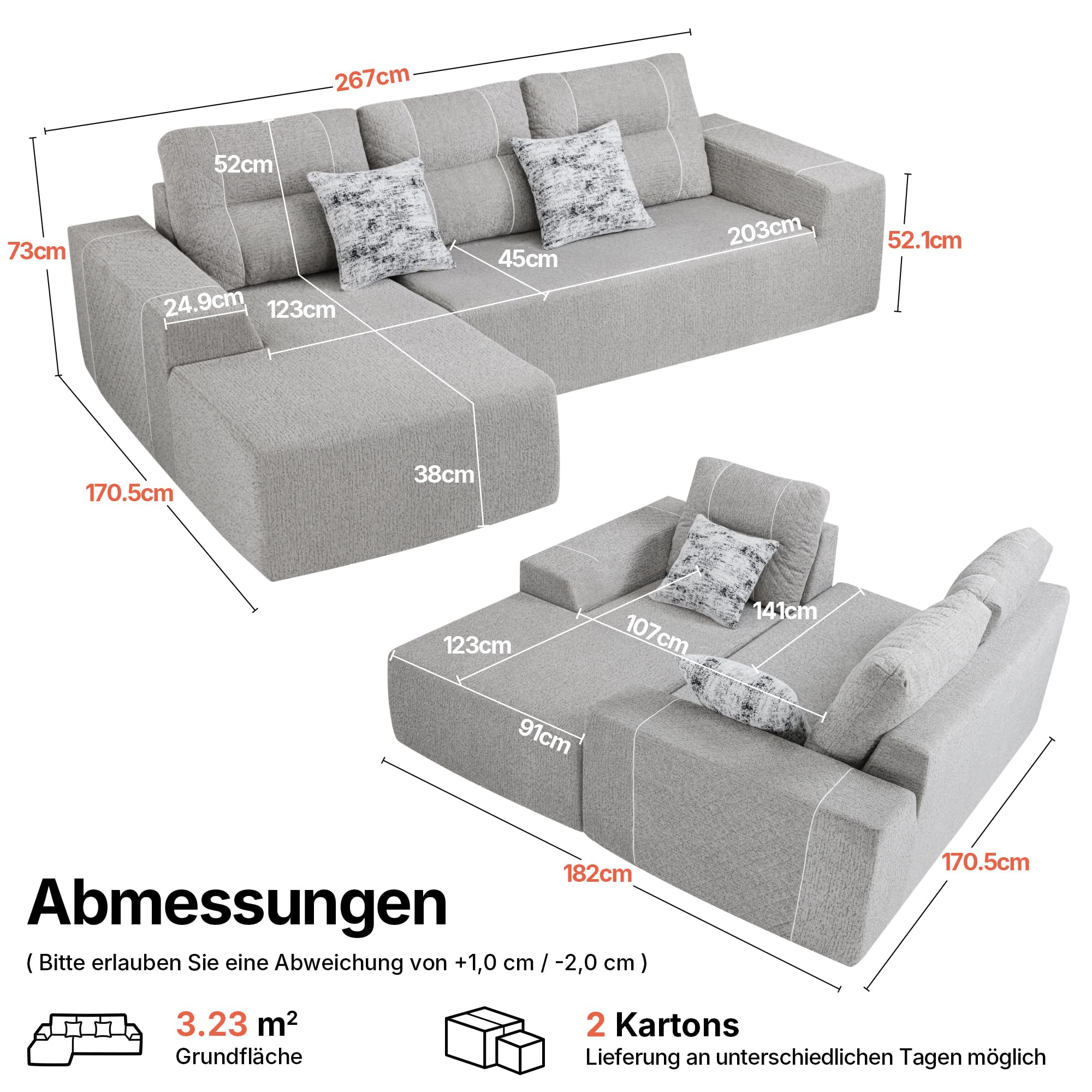 L-Form Modulares Schlafsofa 267cm Breit, Ecksofa Schlafcouch, Grau