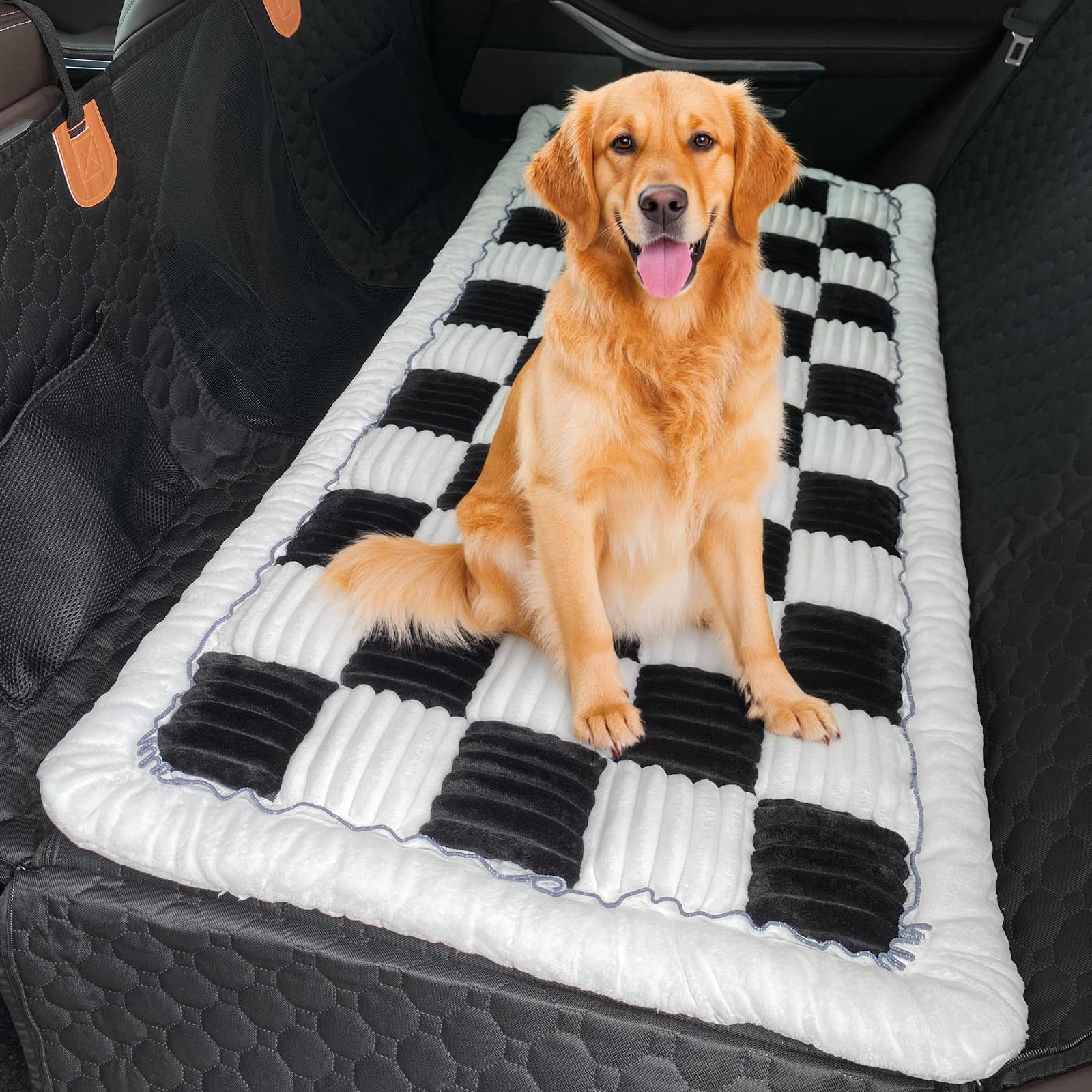 Non-Slip Dog Car Seat Cover – Plaid Pet Bed Mat for Backseat, Waterproof & Scratch-Proof Travel Mat, Furry Soft Protector for Cars, Trucks & SUVs (Plaid Black, 60 * 130cm) — image 1