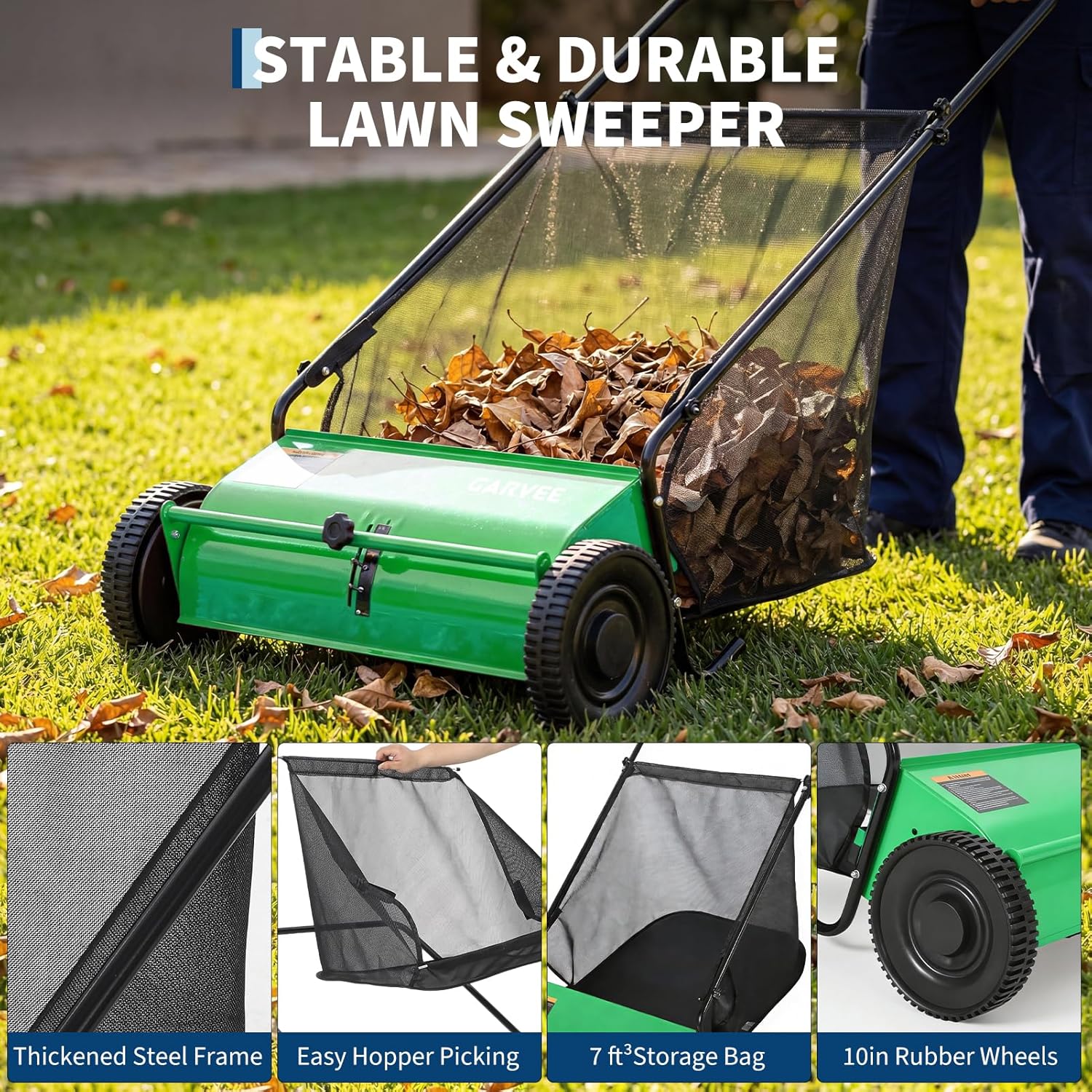 Push Lawn Sweeper 26Inch-Heavy Duty Walk Behind Leaf Collector and Yard Sweeper for Outdoor,Patio,Driveway,Garden Grass Sweepers,4 High Speed Spinning Brush,7 Cu. ft. Hopper Capacity