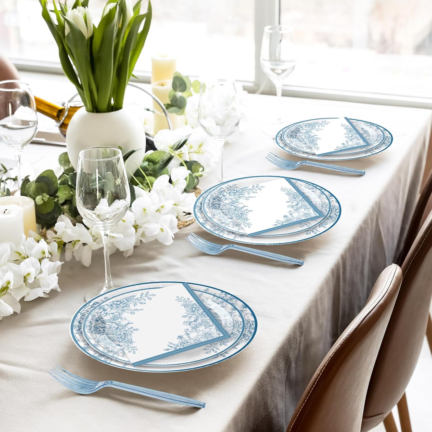 Yungyan 120Pcs Blue Floral Paper Plates and Napkins Sets Floral Party Supplies for 24 Guest Flower Disposable Paper Dinner Plates Napkins Cups Forks for Birthday Baby Shower Wedding Tea Party Decor