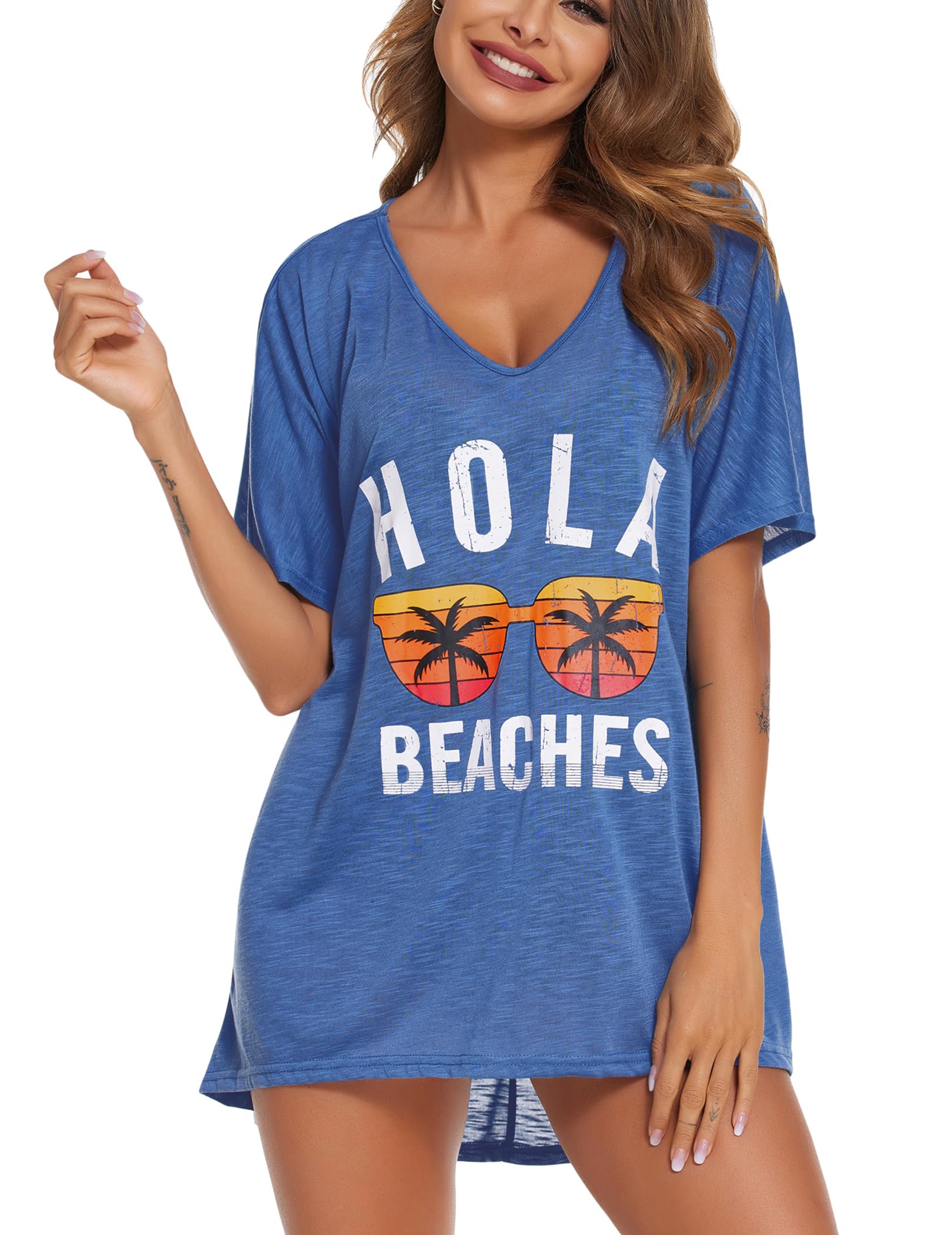 Ekouaer Strandjurk voor dames, strandtuniek met kant, V-hals, kort, zomer strandponcho, bikini cover-up, S-XXL, rozerood, S