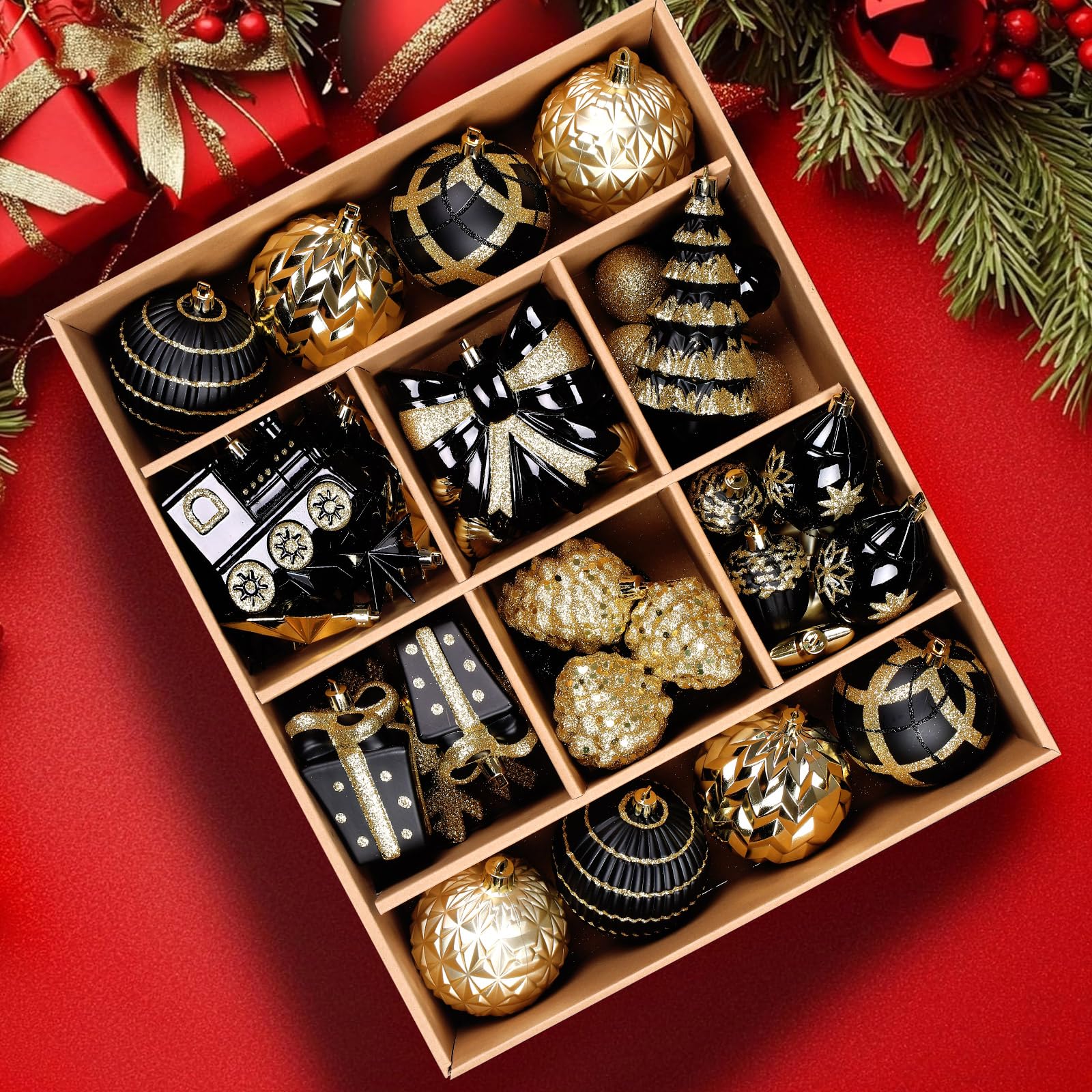 82pcs Red Happiness Christmas Baubles Ornaments Set, Shatterproof Balls for Christmas Tree Decorations, Holiday Wedding Party and Xmas Decoration with Pre-Hanged Strings, Black & Gold