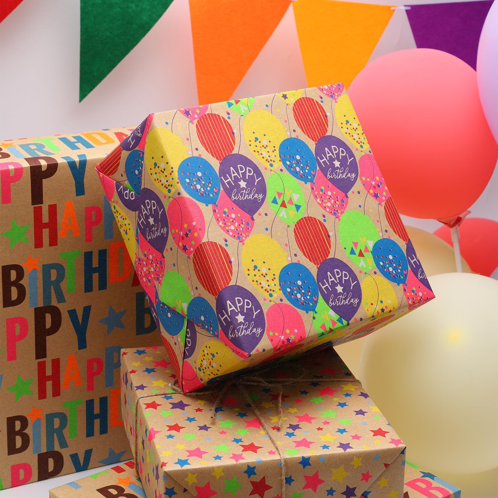 BIOBROWN Rollo de papel de regalo de papel de estraza, diseño de globos coloridos, perfecto para envolver cumpleaños y vacaciones, 17 pulgadas x 33 pies