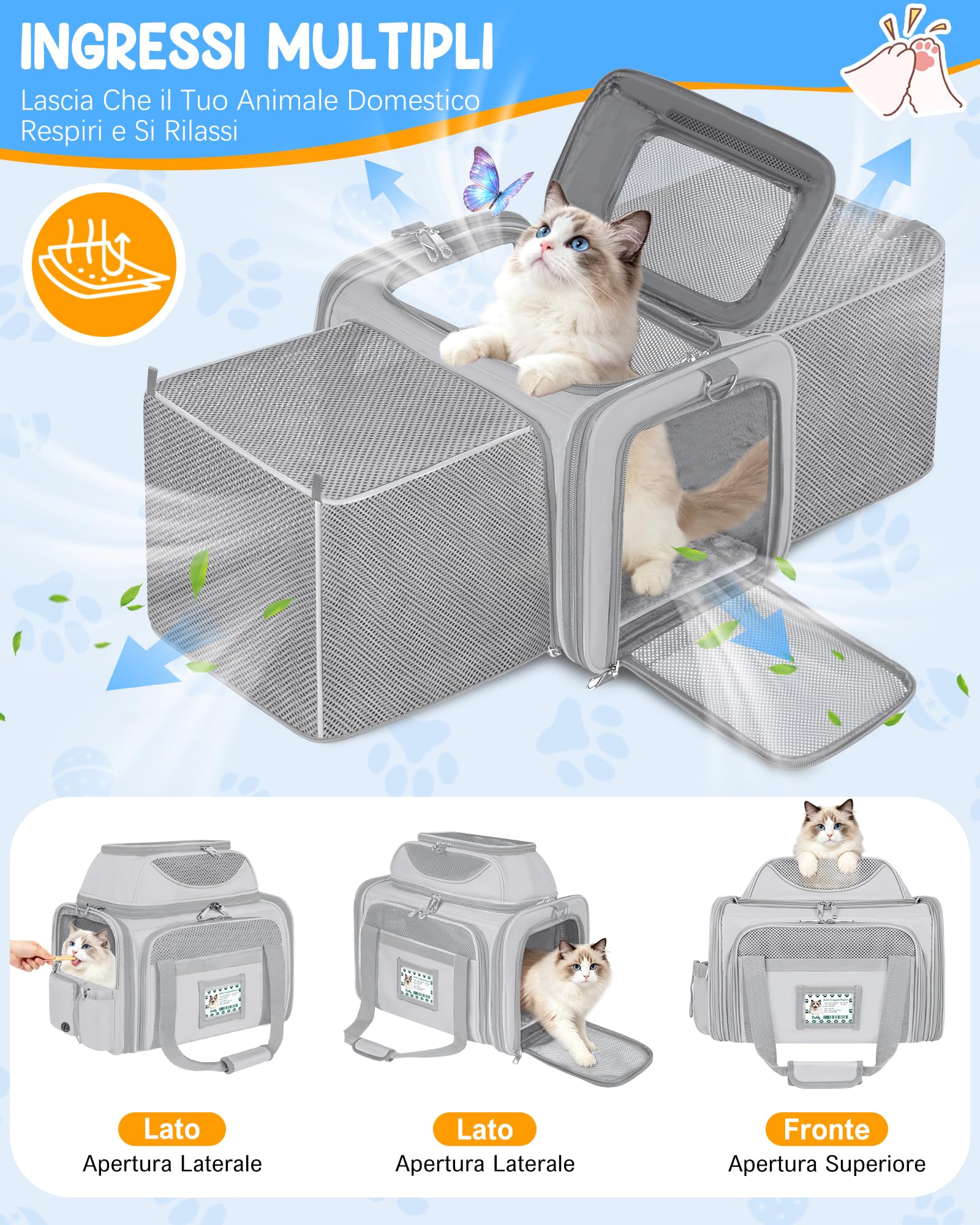 Trasportino Gatto Morbido Pieghevole Approvato Aereo Espandibile Borsa Viaggio Gatti Gatto Pieghevole Fino a 10kg Morbido Pet Carrier per Cani con Cuscino Lavabile e Guinzaglio Interno