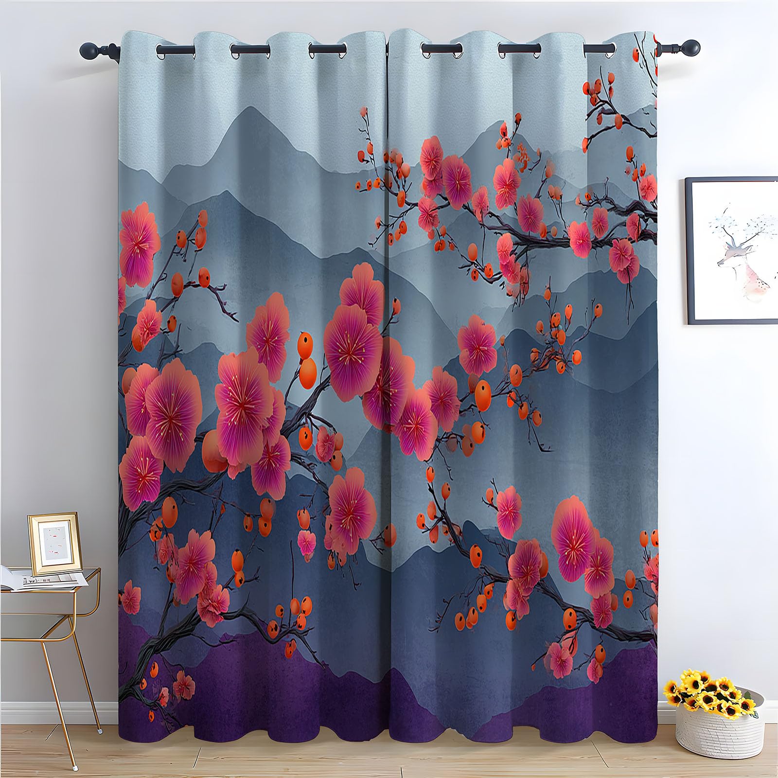 TERUEA Blackout Fabric Window Drapes for Living Room Bedroom Oriental pink plum blossom orange berry landscape Curtains for Living Room-52 W x 90" L (Pack of 2)