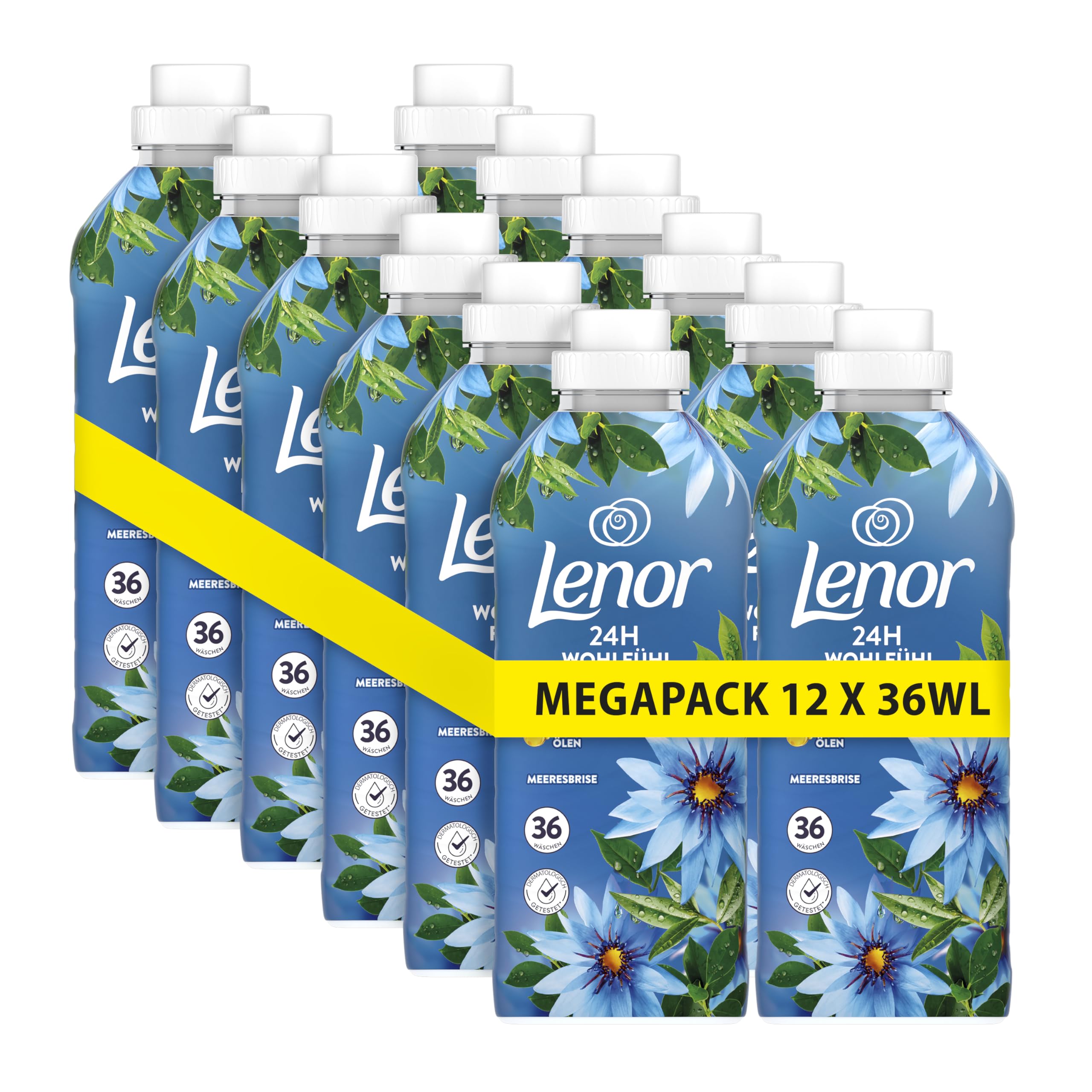 Lenor Weichspüler Megapack, 12 × 36 Waschladungen, Meeresbrise, 24h Wohlfühlfrische Mit Einer Note Ätherischer Öle