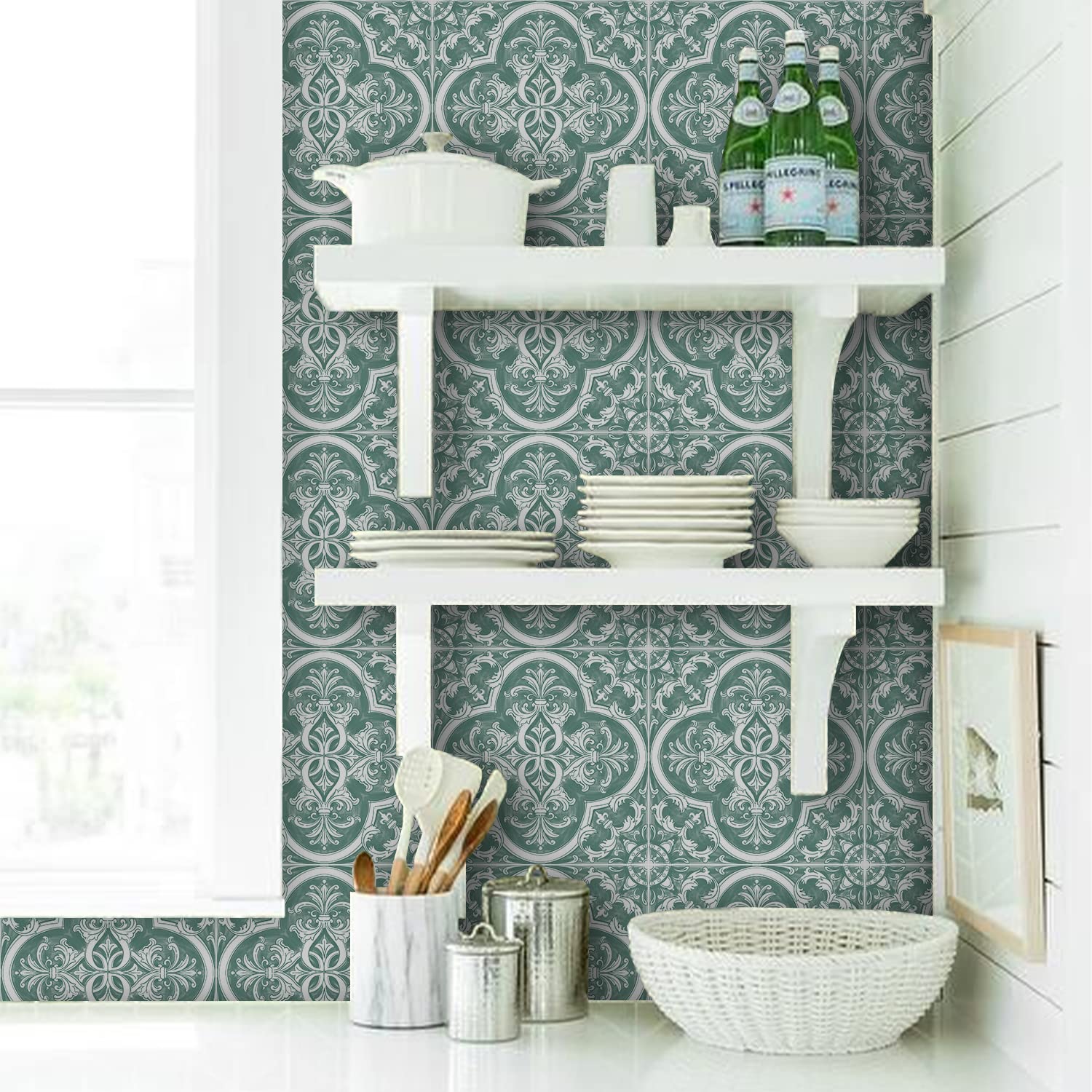 Alwayspon 25PcsTile Sticker, Green Moroccan Self Adhesive Stick on Tiles Transfer Sticker for Bathroom Kitchen, Splashback for Cooker, Peel and Stick Adhesive Vinyl Wall Tiles Sticker, 20cm/8inch