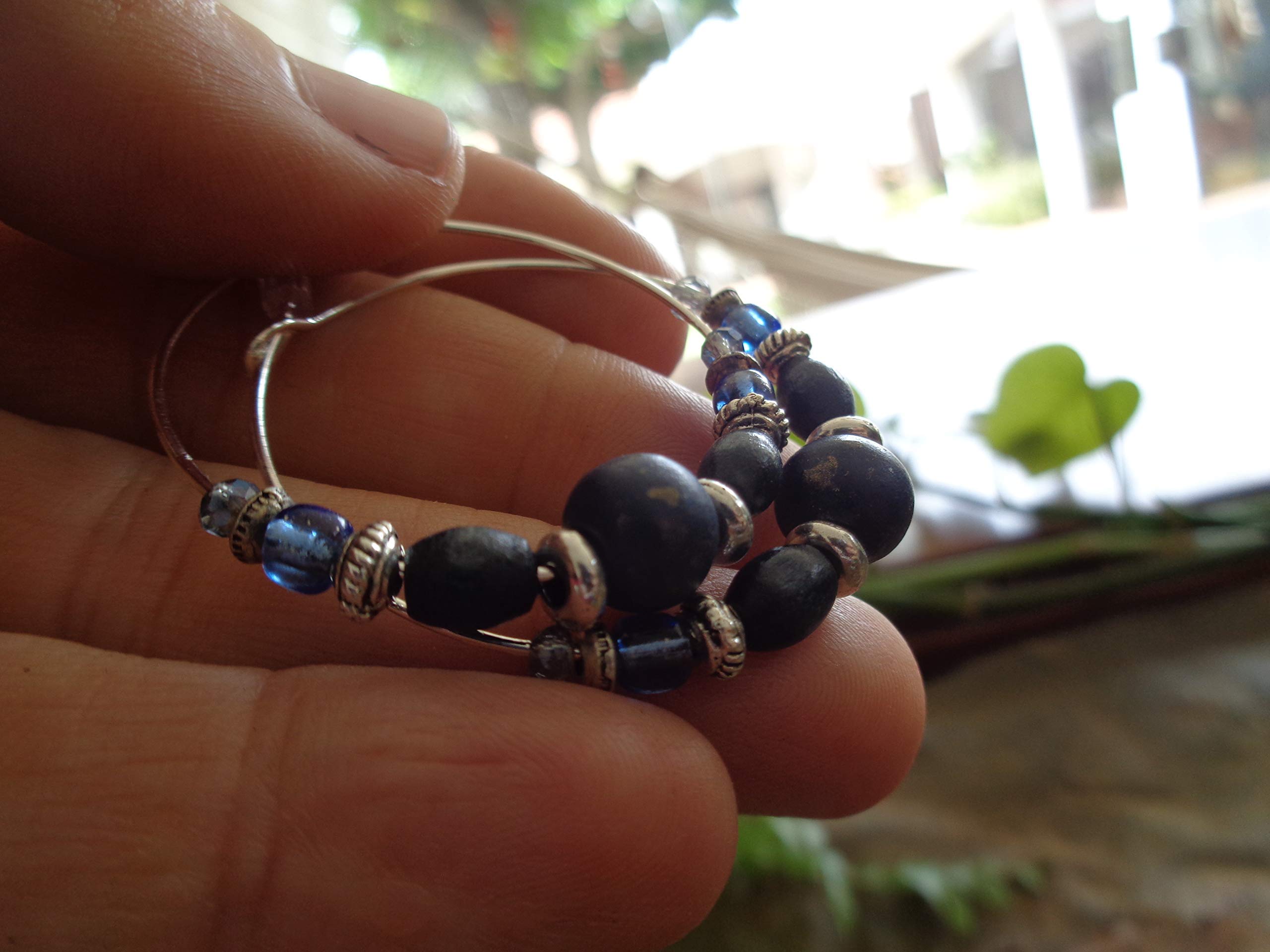 ⊹⊱✿ JEANS BLUE CRYSTAL - GLASS - WOOD HOOP ✿⊰⊹ boucles d'oreilles uniques et légères faites d'un grand mélange de matières en bleu