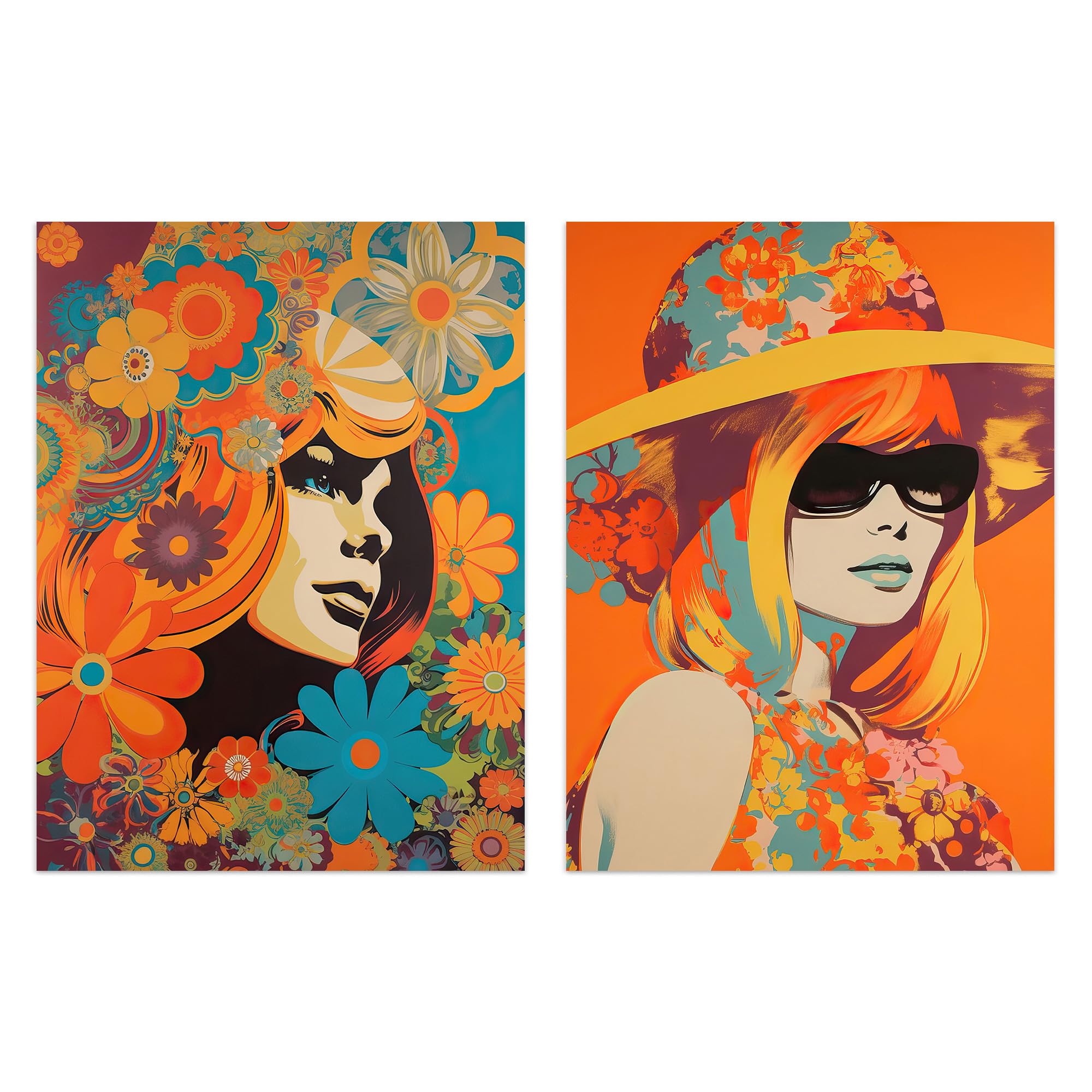 Artery8 Set of 2 Prints 1960 1970 Fashion Floral Colourful Bright Vibrant Women 2 Pack 12X16 Poster Living Room Wall Art Prints