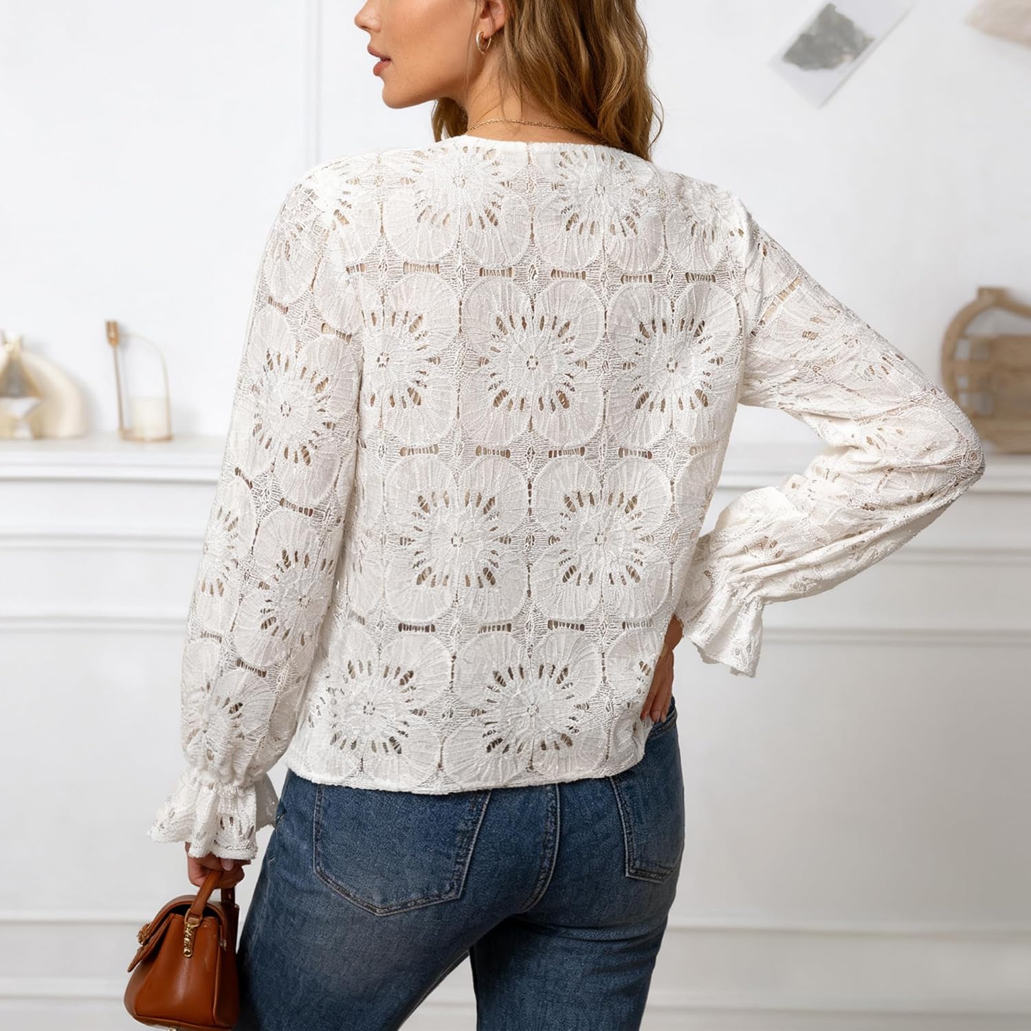 Womens Tie Front Eyelet Blouses Long Sleeve Bow Shirts Hollow Out Crochet Lace Tops 2026 Spring Dressy Outfits - Image 4