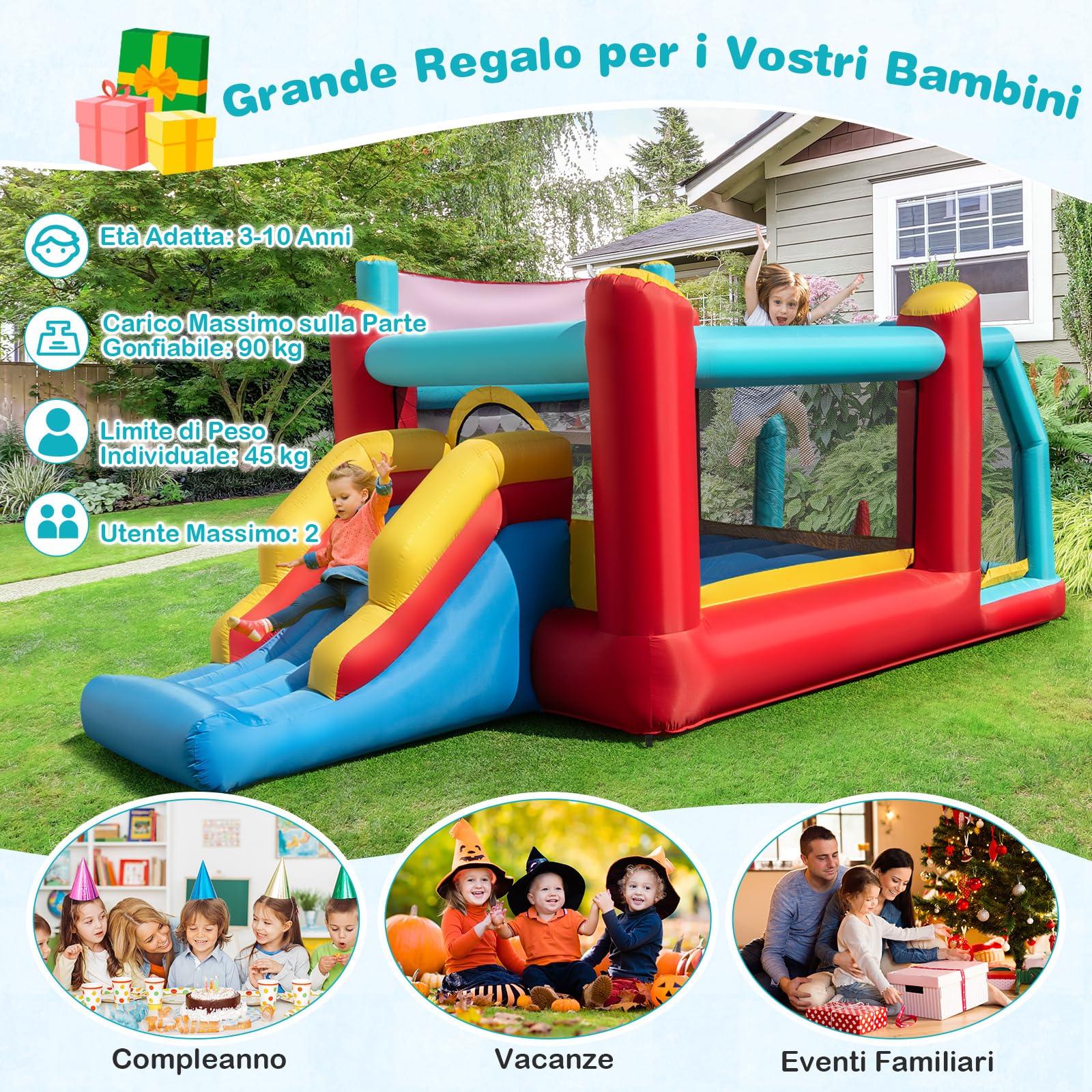 COSTWAY Castello Gonfiabile 5 in 1 per Bambini di Tema Gelato, Castello Gonfiabile con Scivolo, Canestro, Trampolino e Vasca, Gioco Gonfiabile con Anelli e Palline per Interno ed Esterno