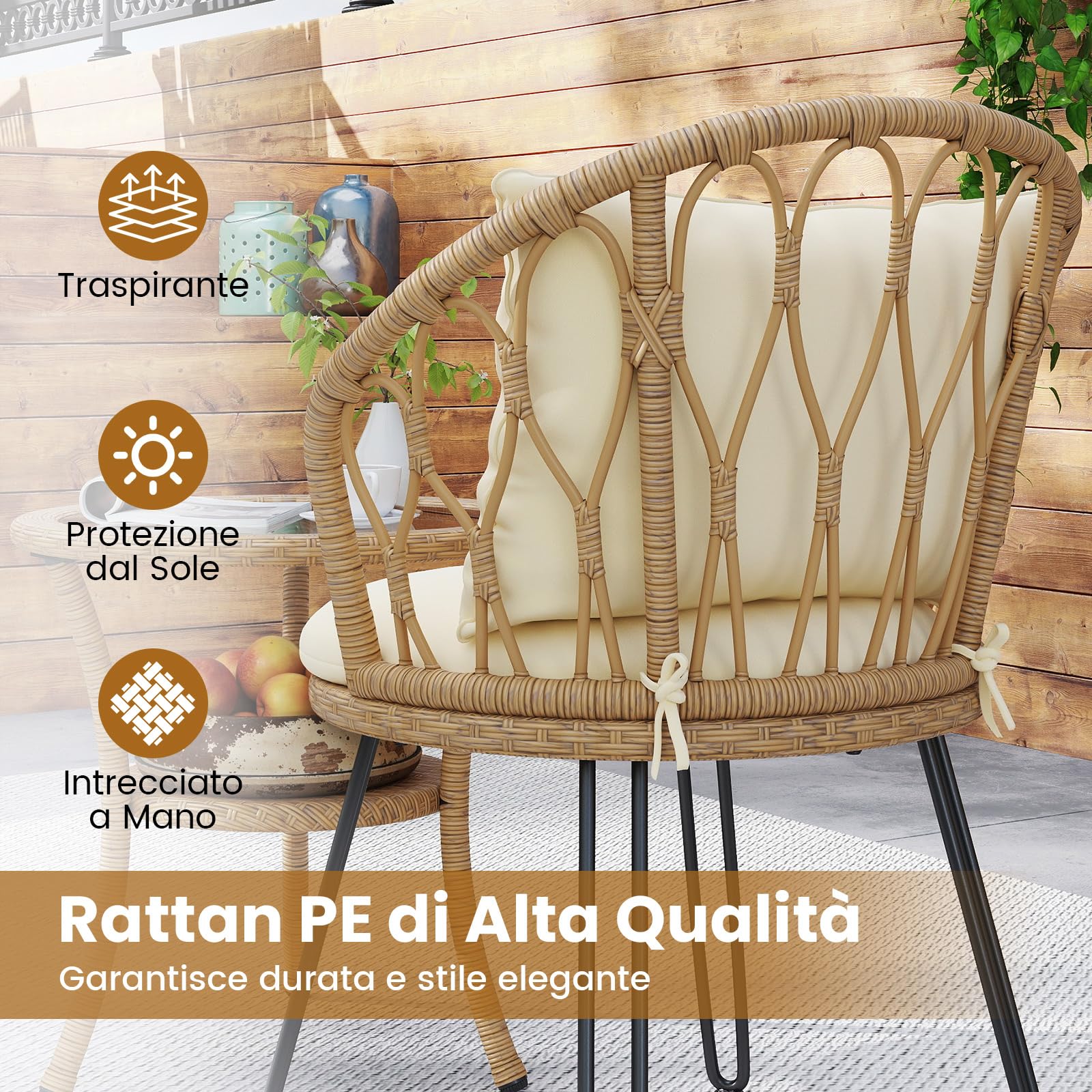COSTWAY Set da Bistrò in PE Rattan 3 Pezzi con Cuscini e Tavolino in Vetro Temperato