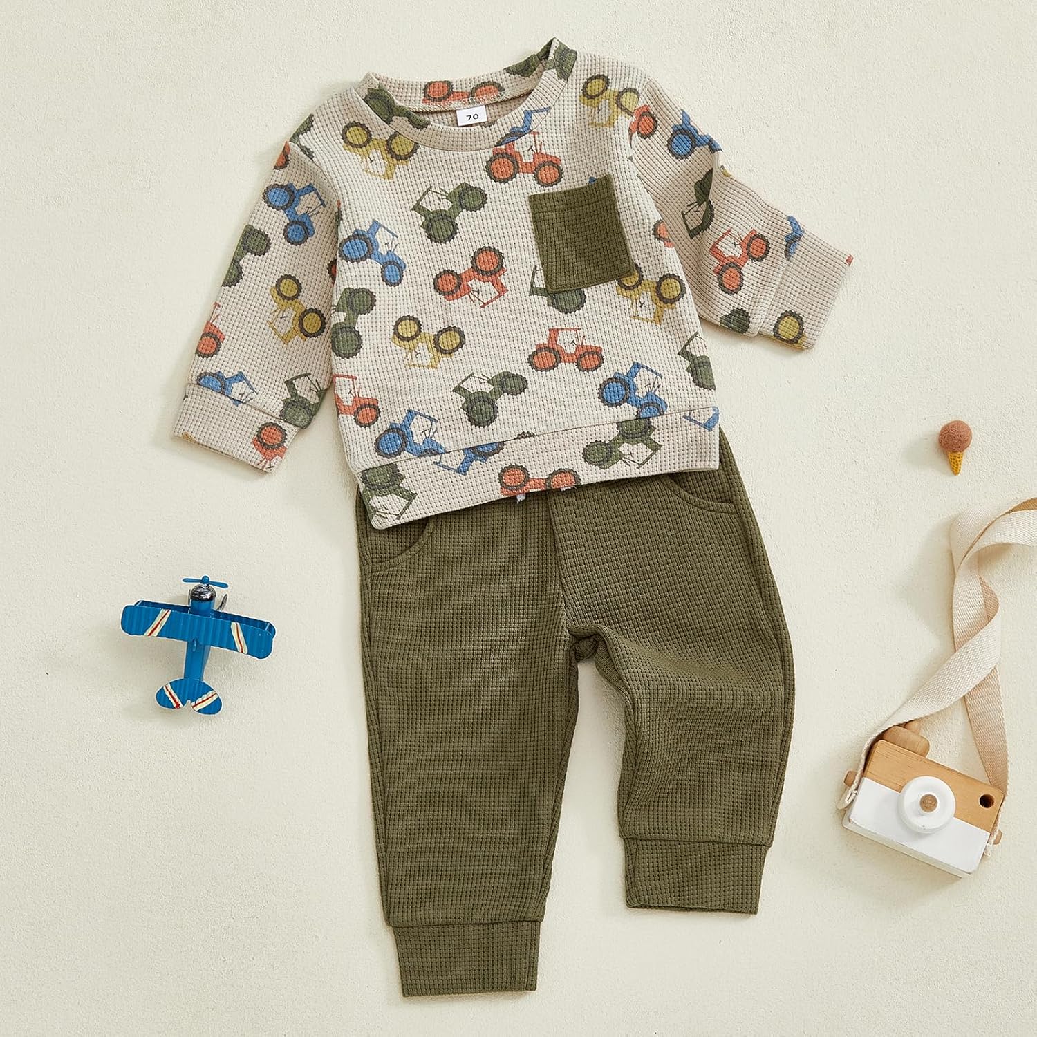 Toddler Baby Boy Fall Clothes Waffle Outfit Long Sleeve Color Blocking Sweatshirt Pullover Jogger Pant Set - Image 6