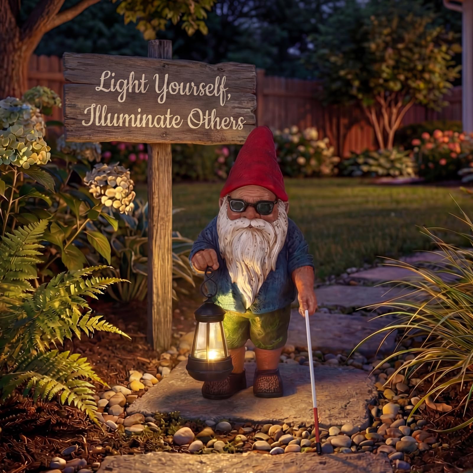 Solar Garden Gnome Outdoor Statue, 10.2 inches Blind Man Gnome with Lantern view 5