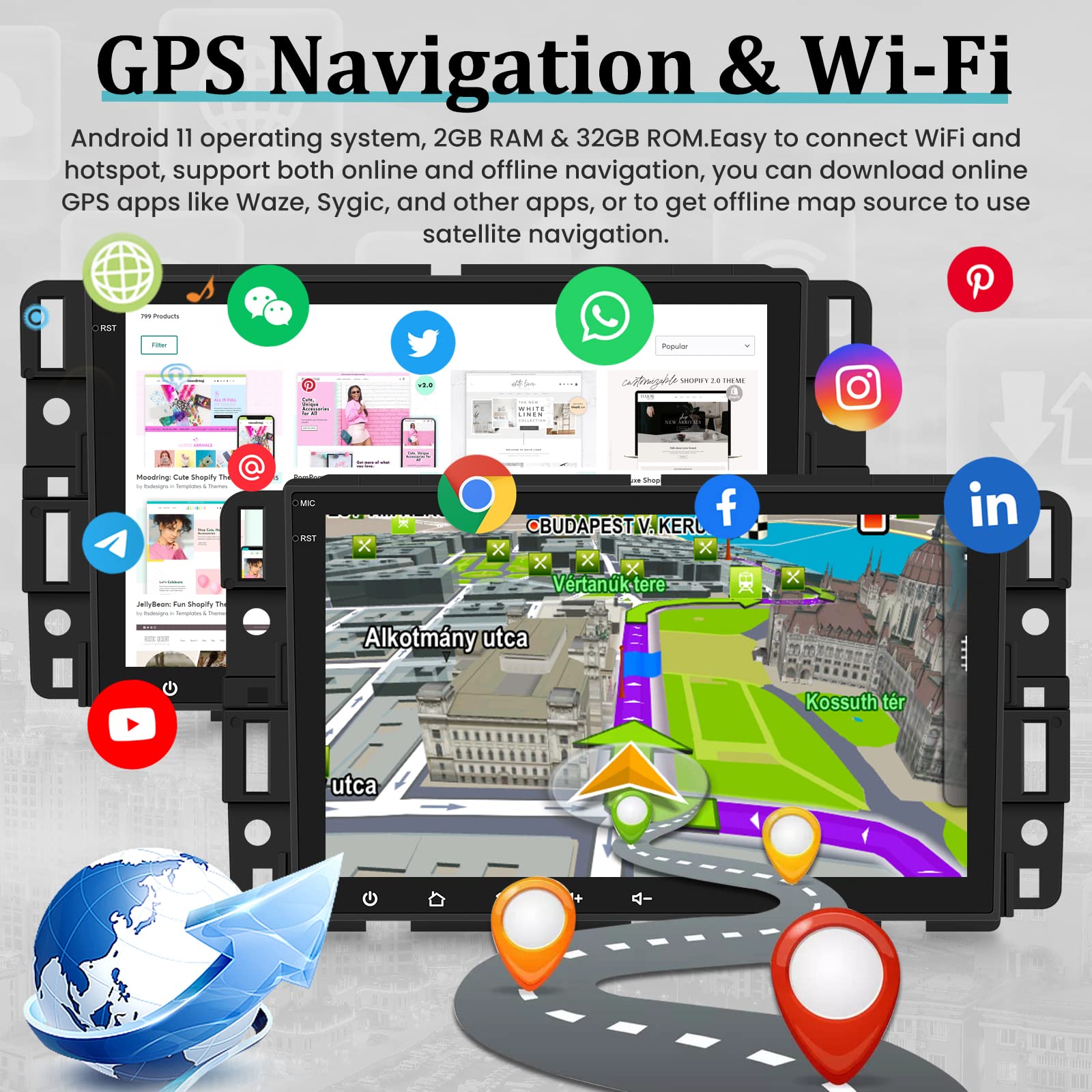 Chevy Silverado Radio 2+32G Android Car Stereo for GMC Chevrolet Buick Hummer with Wireless Apple Carplay and Android Auto 2.5D Touchscreen GPS WiFi HiFi + AHD Backup Camera Mic