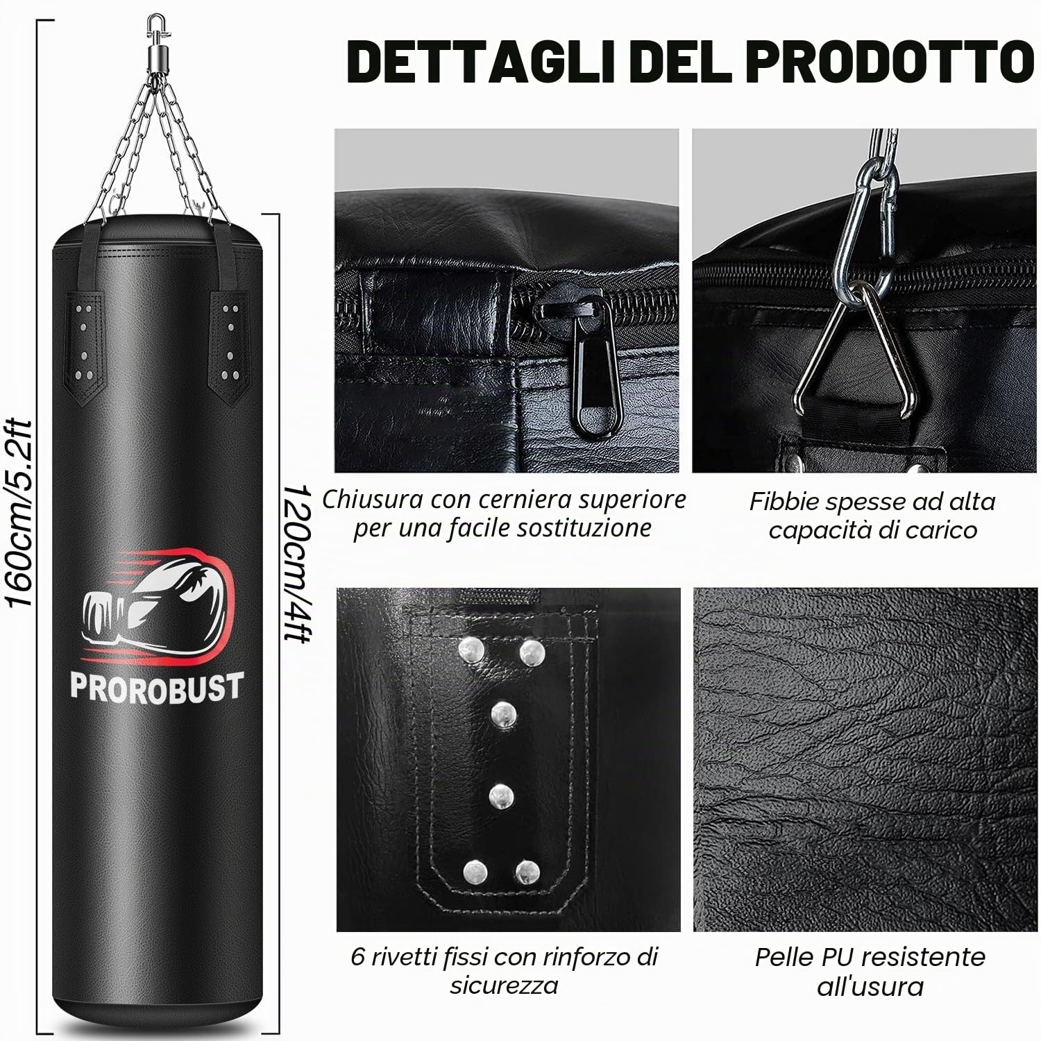 Sacco da boxe per adulti, set da 1,2 m in poliuretano pesante con guanti da 340 g, per MMA, kickboxing, boxe, karate, allenamento in palestra a casa (non riempito)