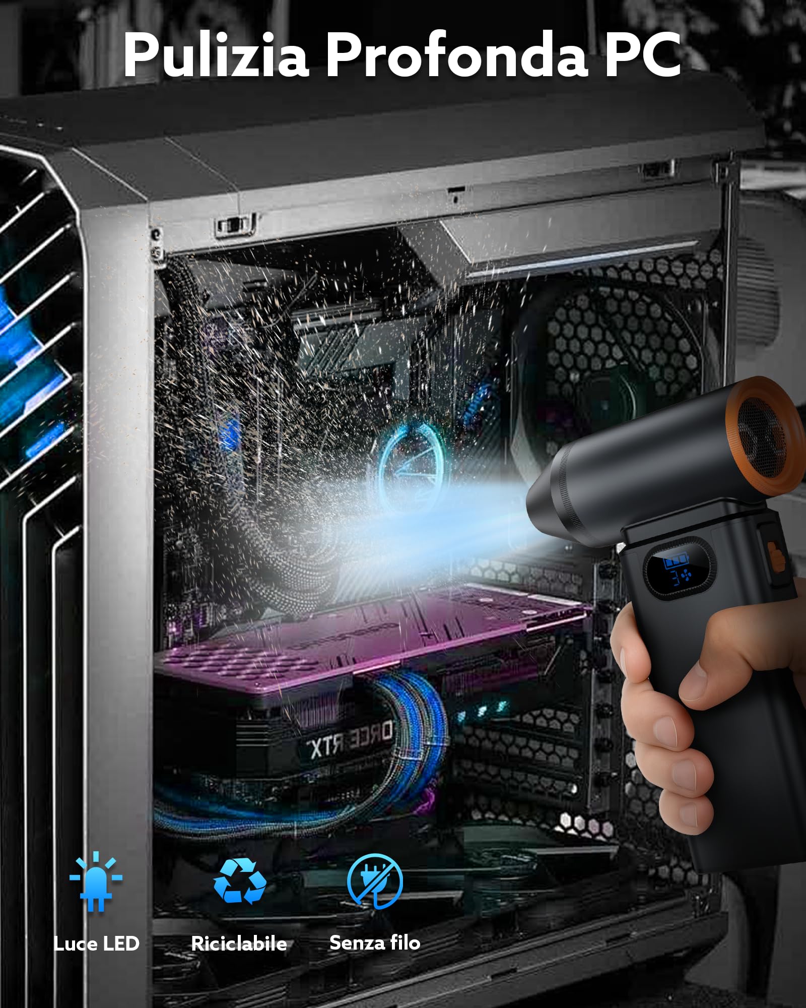 YAMOSO Aria Compressa Elettrico Metallo, 180000 giri/min, 4 Velocità Portatile Soffiatore Potente con Batteria 8000mAh, Luce LED, Mini Aria Compressa Spray per Pulizia PC, Tastiera, Auto, Casa, Divano