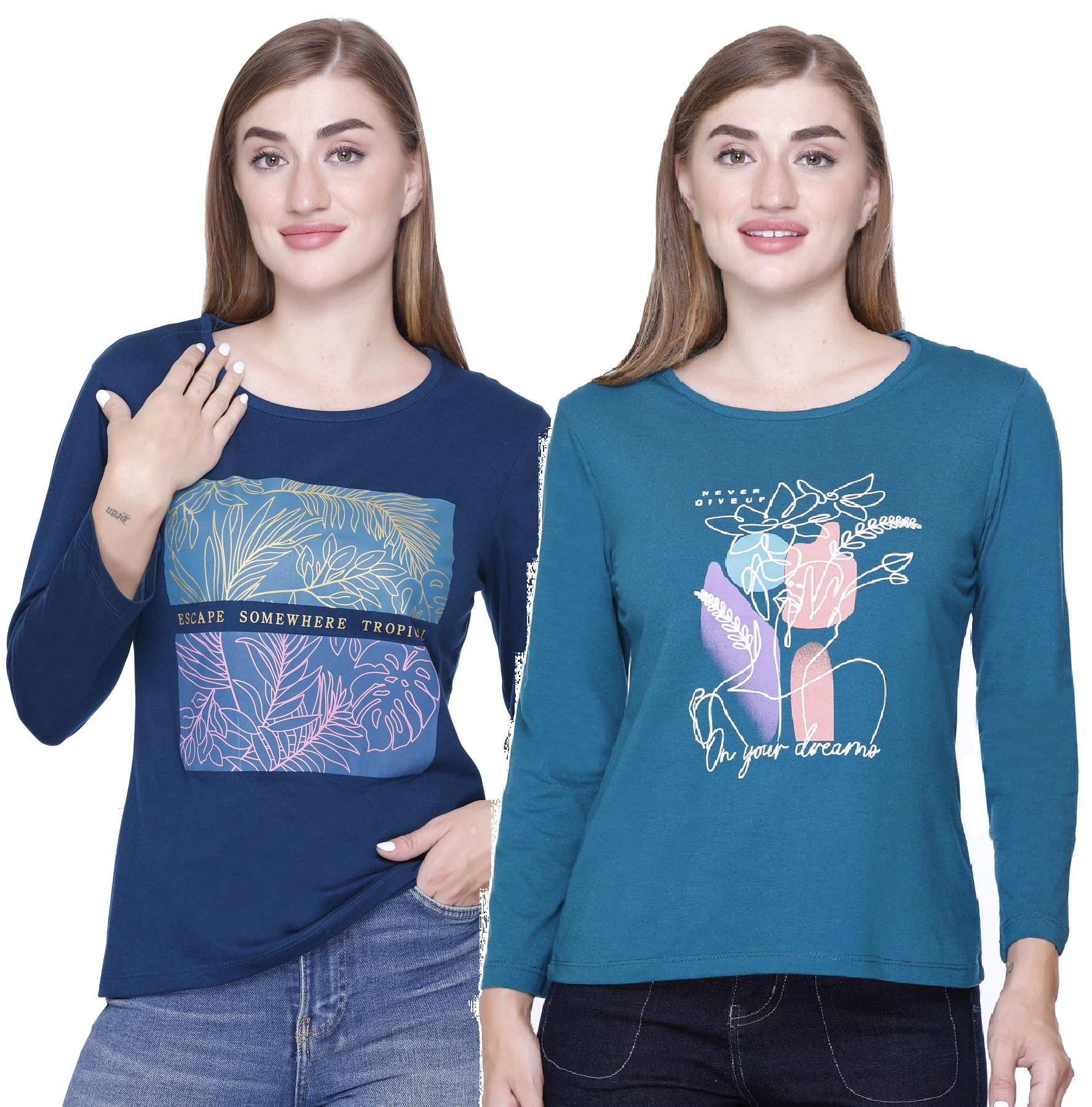 Women Cotton Full Sleeve Regular Fit T Shirt/Top with Chest Print (Combo 2) | S-4XL Size-picture-44