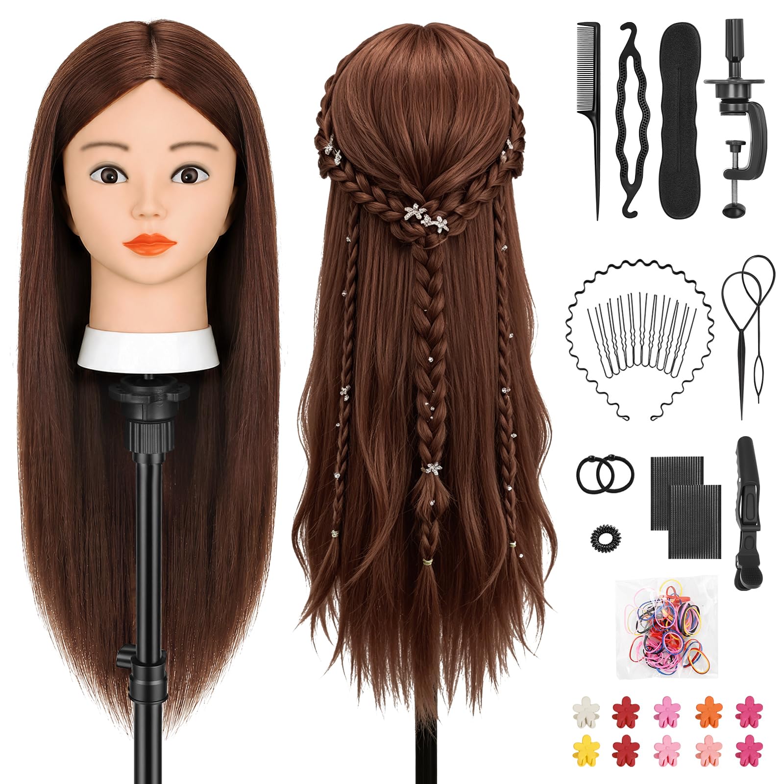 TwoWin Friseurkopf mit Haaren 26 Zoll 66 cm 80% Echthaar Mannequin Kopf Trainingskopf für Styling Friseurpraxis Dunkel Braun