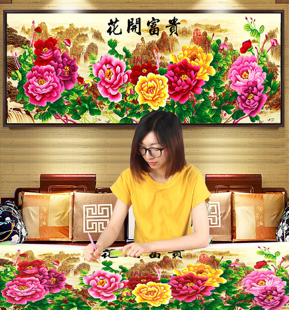 Instarry DIY 5D Broderie Diamant Kit Grand Format Fleur de Pivoine Decoration Murale (150x60 cm)
