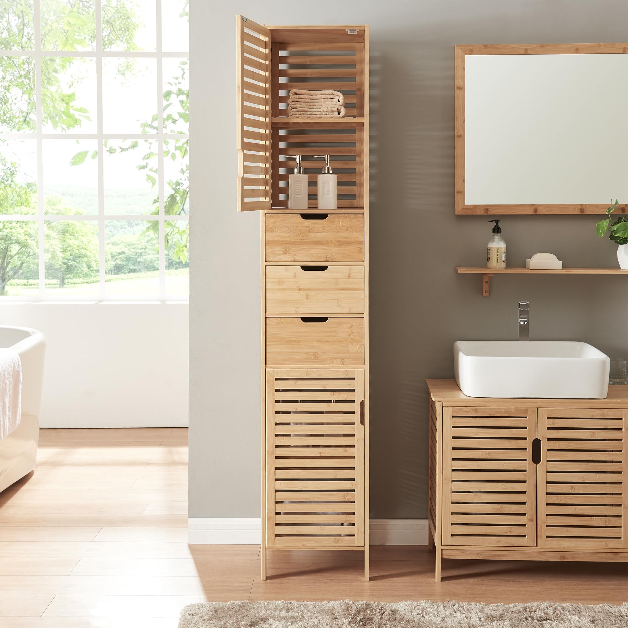 [en.casa] Armario Alto de Baño Boksereys Mueble Alto de Baño con 2 Compartimentos con Puertas y 3 Cajones Mueble Auxiliar 180 x 35 x 35 cm Bambú - Natural