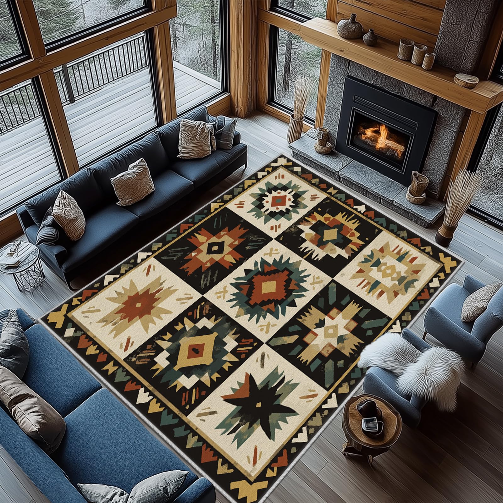 Navajo Aztèque Tapis de Salon Lavable en Machine Antiderapant Amérindien Western Tapis Chambre Adulte Descente de Lit 120x160cm Carpet Interieur Doux et Moelleux Salle à Manger