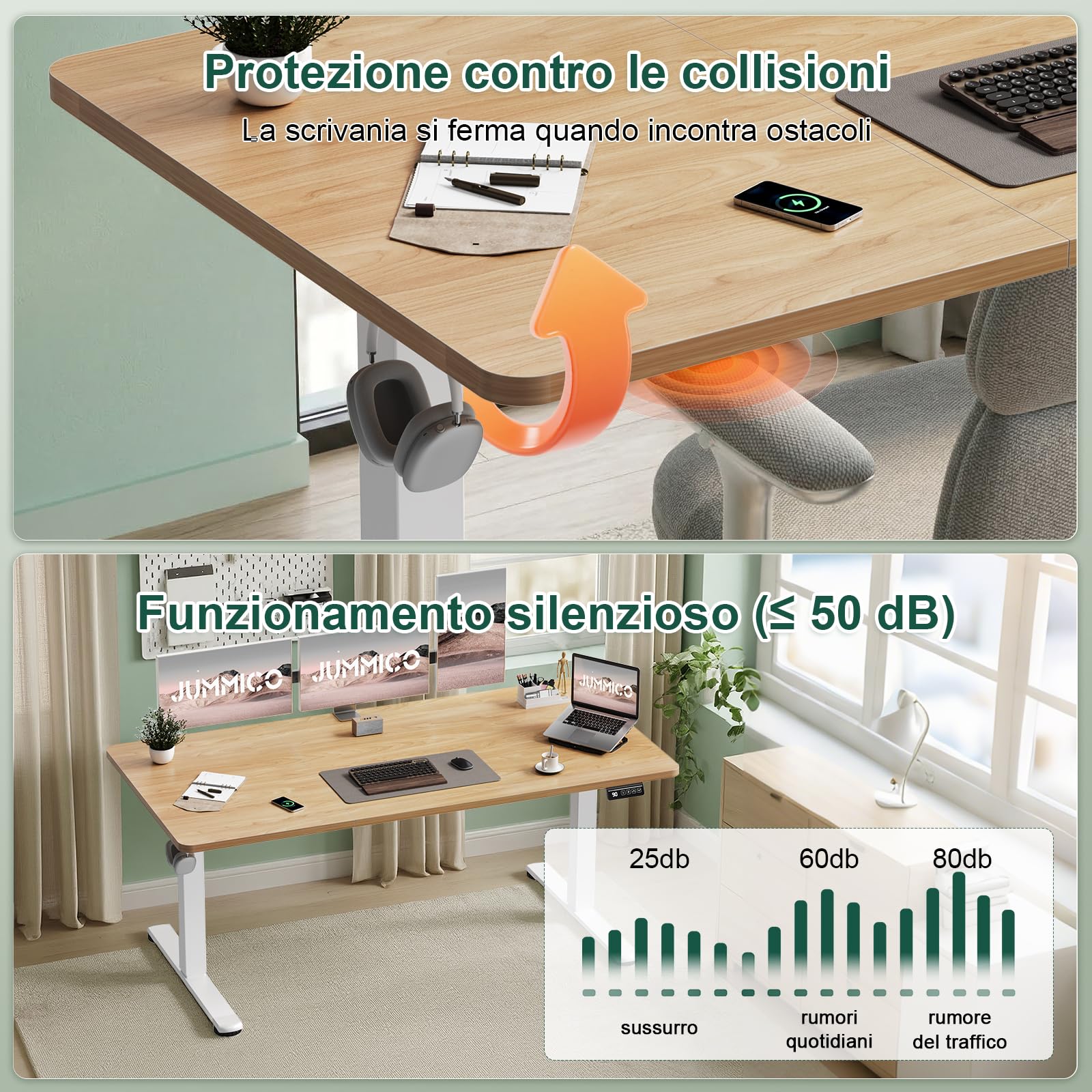 JUMMICO Scrivania regolabile in altezza 100×60 cm, telecomando a 4 tasti con funzione memoria, dotata di gancio, adatta per ufficio, studio e gaming, Beige