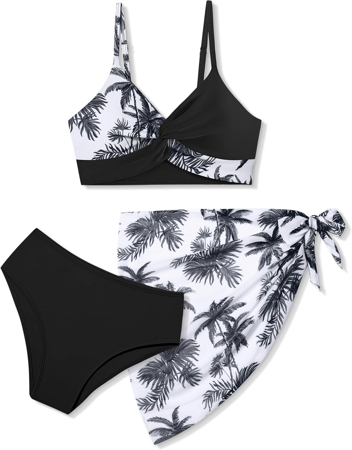 Girls Swimsuit, Bathing Suits 3 Piece Tropical Floral Twist Cross Bikini Sets Girls' Swimwear with Cover Up Skirt 7-16T