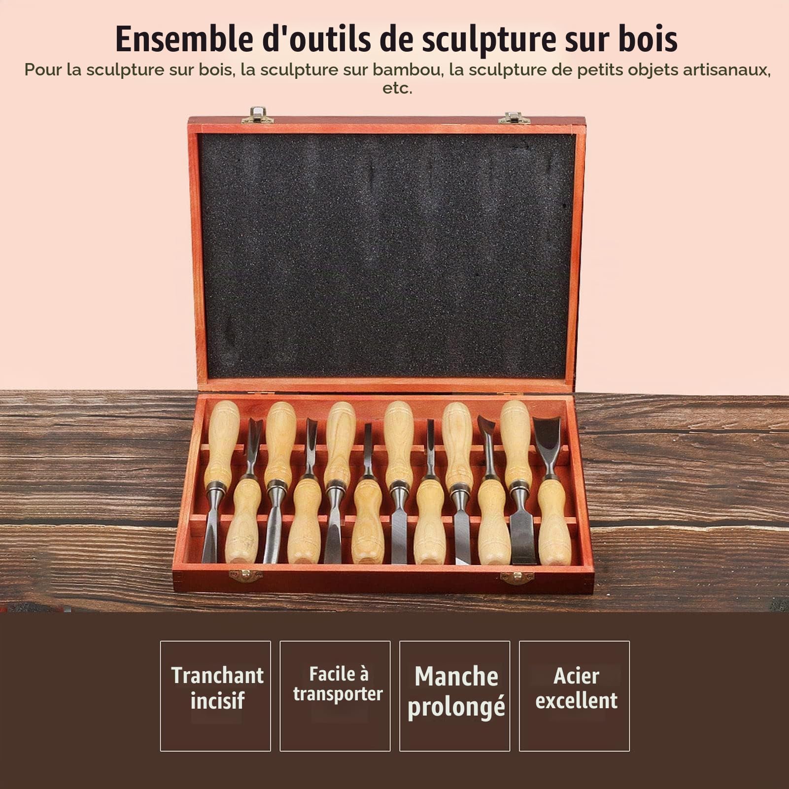 Ciseaux a Bois, Lot de 12 Ciseaux de Sculpture sur Bois avec une Lame CRV et une Poignée en Bois pour Débutants, Sculpteur, Charpentier, Amateur