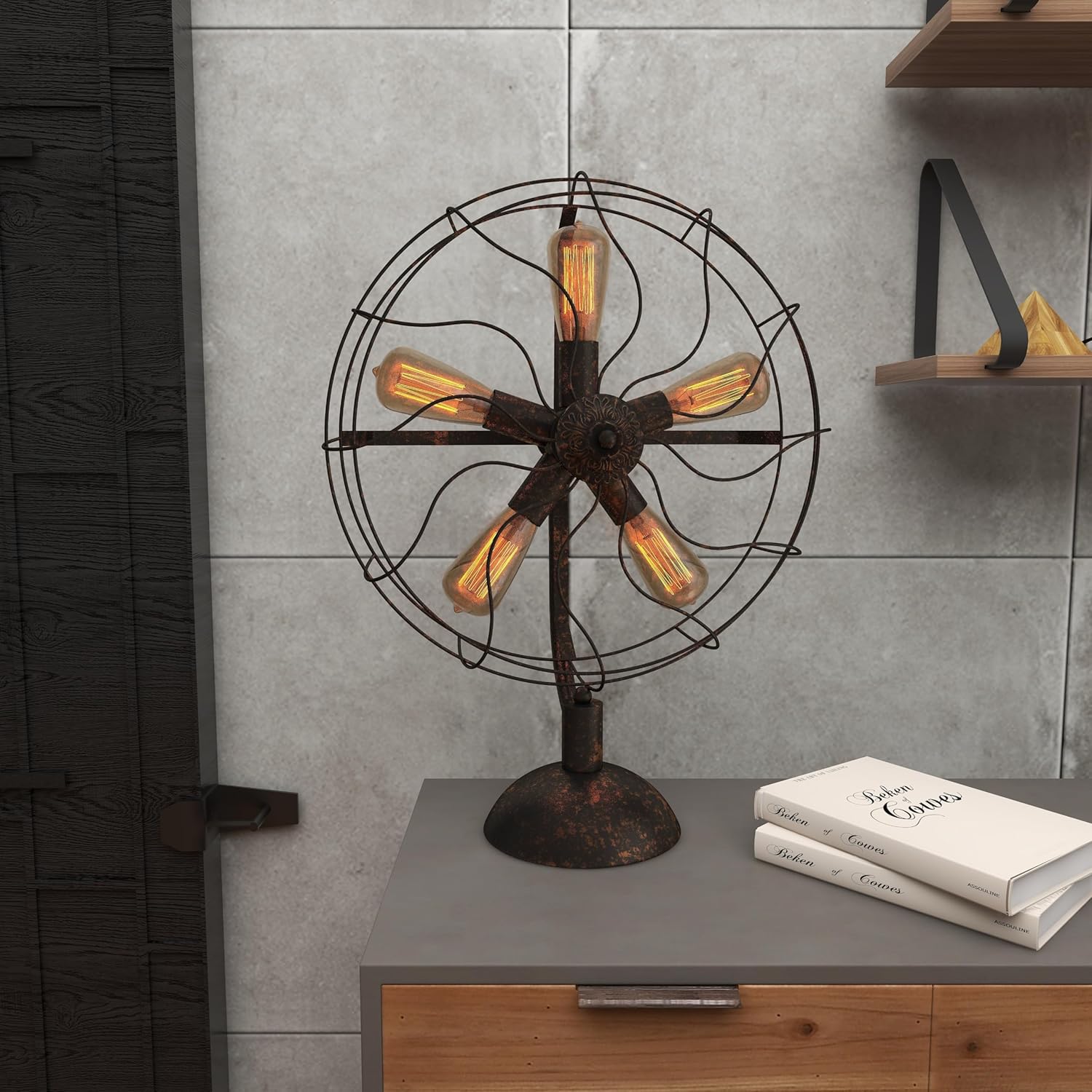 Bronze Vintage Fan Shape 5 Light Industrial Nightstand Lamp