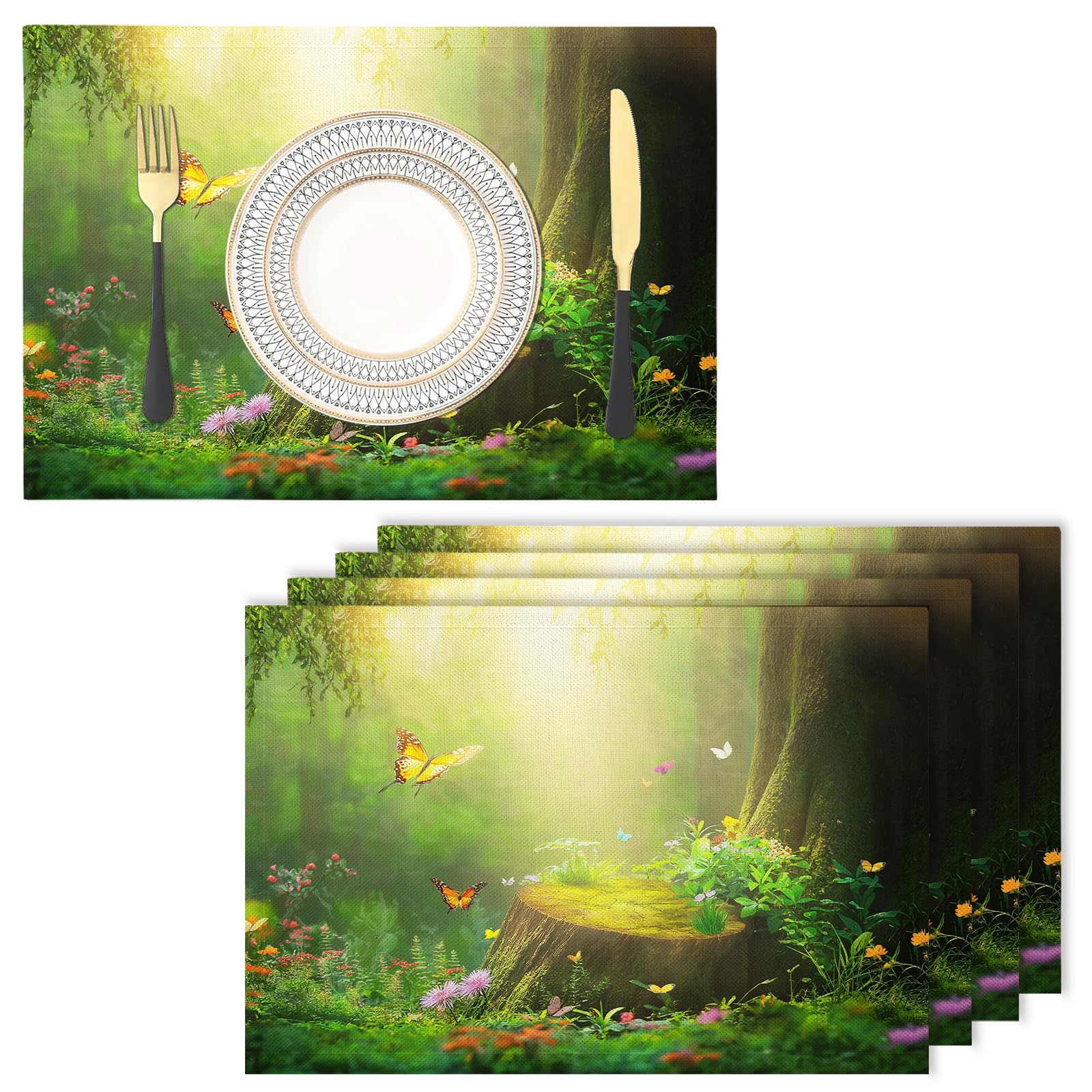 Placemats Washable Set of 6-30 x 45 cm forest Placemats, Butterfly Cotton Linen Hemstitch Place Mats for Table, Kitchen, Dining