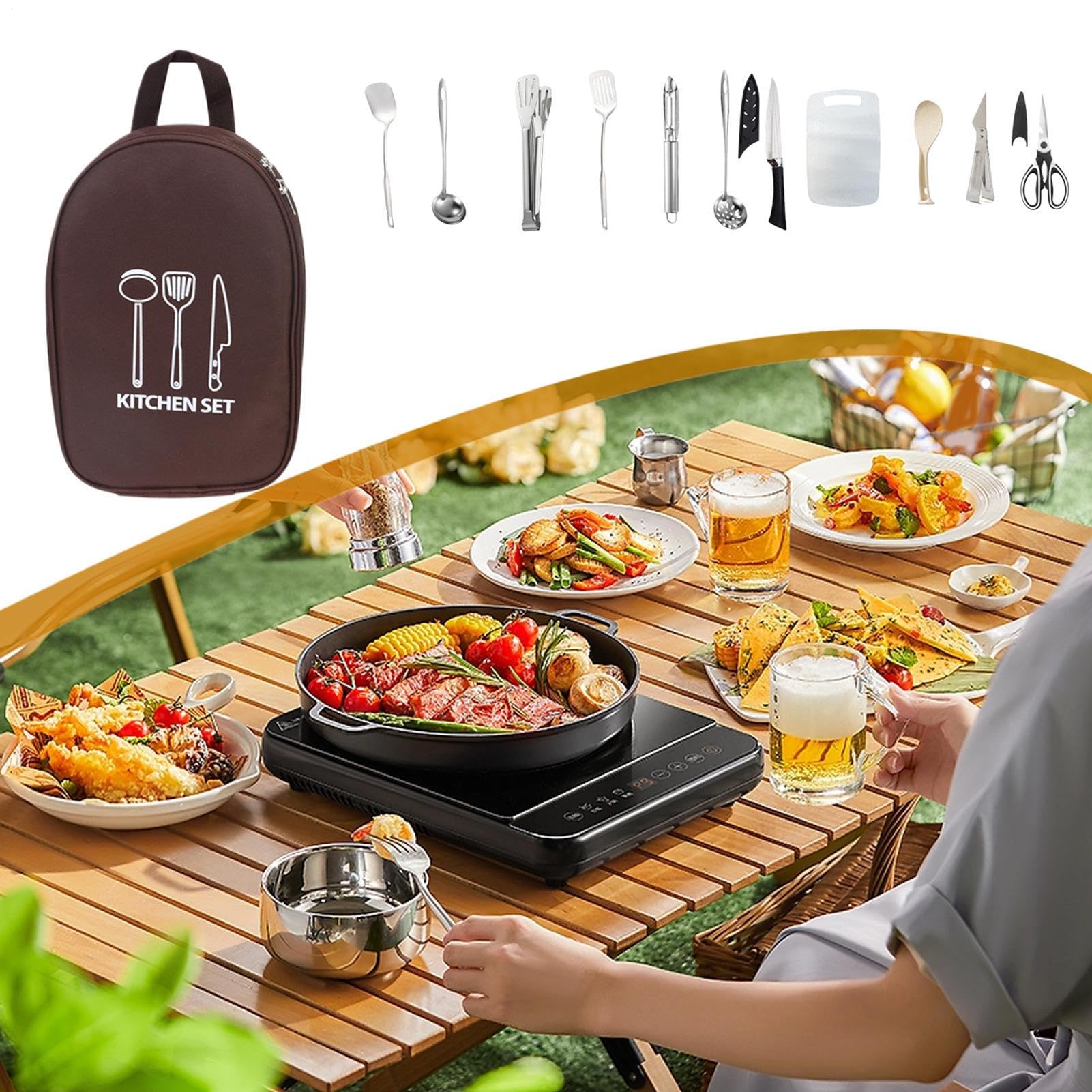 Générique Kit Ustensiles Camping 12 Pièces d'Équipement de Cuisine | avec Sac de Rangement Équipement Culinaire pour le Camping pour Camping-Car, Plein Air, BBQ, Pique-nique et Randonnée