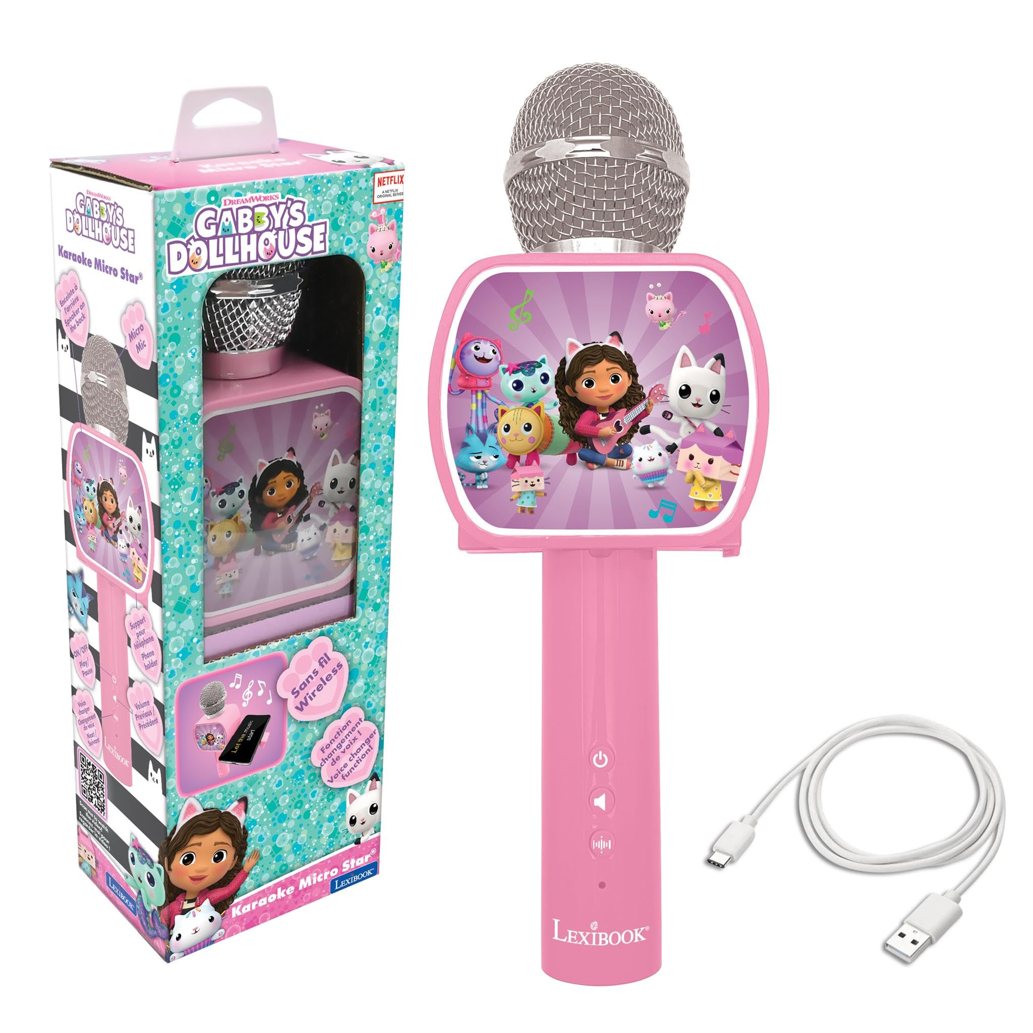 Lexibook, Gabby's Dollhouse, Bluetooth® Microphone with voice change function, Built-in speaker, Phone holder included, Pink, MIC240GDHLXB