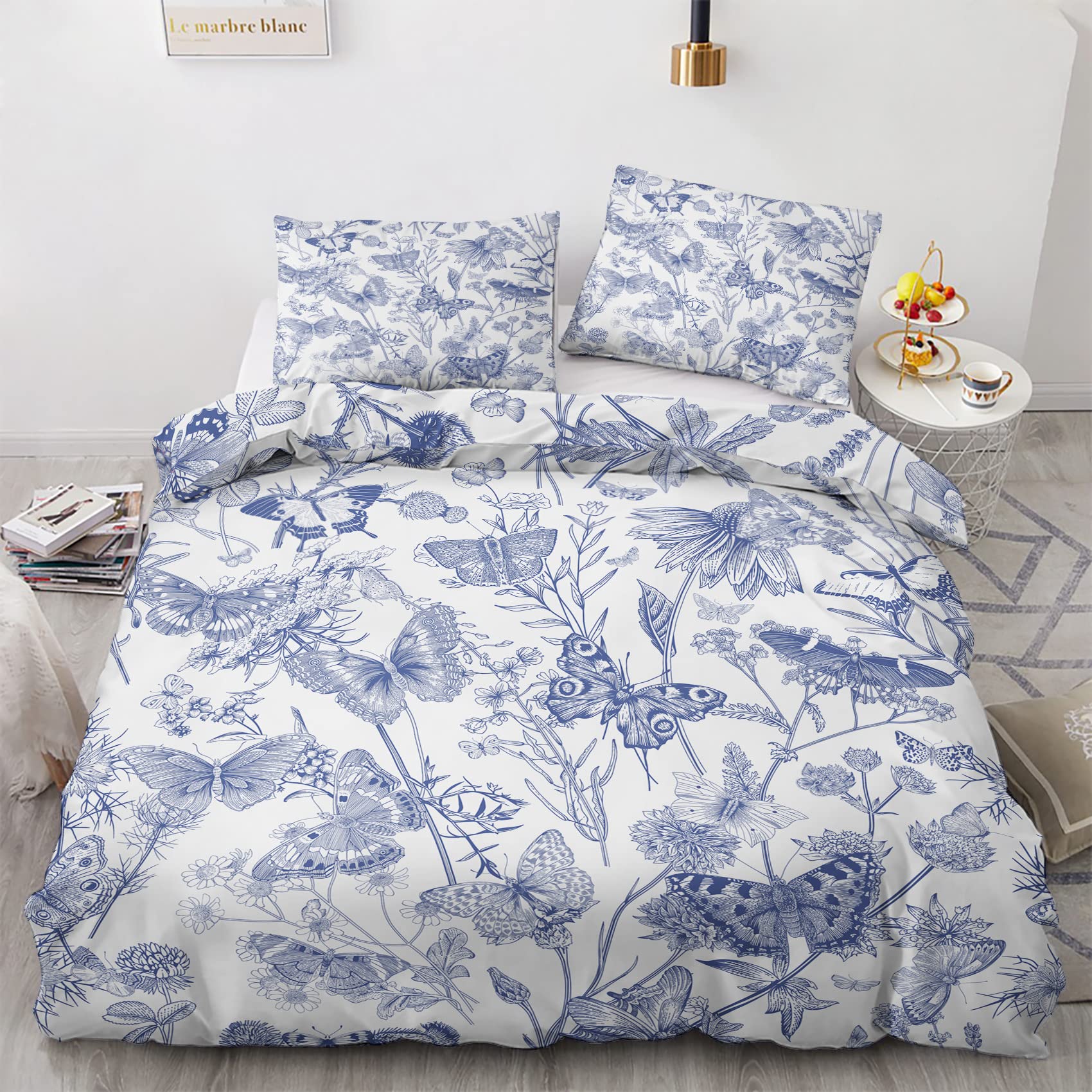 Nogawa Aoi11 Butterfly Emperor Size Duvet Cover Sets, Botanical Printed Bedding Set 3 Pcs, Ultra Soft Microfibre Quilt Cover & 2 Pillowcases With Zipper Closure 290 X 235