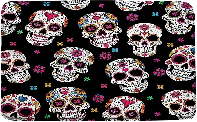 Sugar Skull Bath Mat Halloween Gothic Skeleton Floral Mexican Day of The Dead Horror Boho Flower Microfiber Memory Foam Bathroom Decor Rugs for Kitchen Bedroom