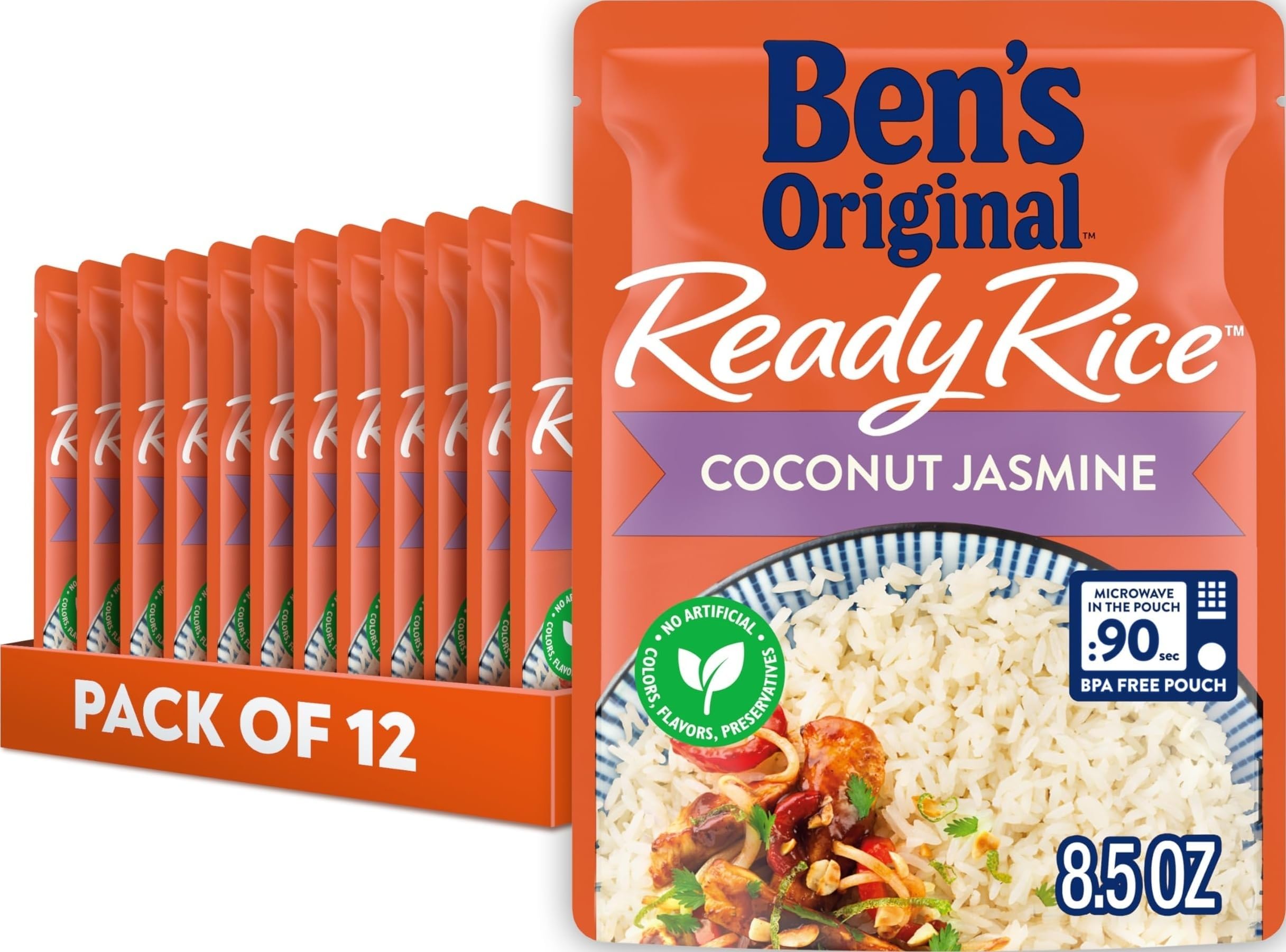BEN'S ORIGINAL Ready Rice Coconut Jasmine Flavored Rice, Easy Dinner Side, 8.5 oz Pouch (Pack of 12)