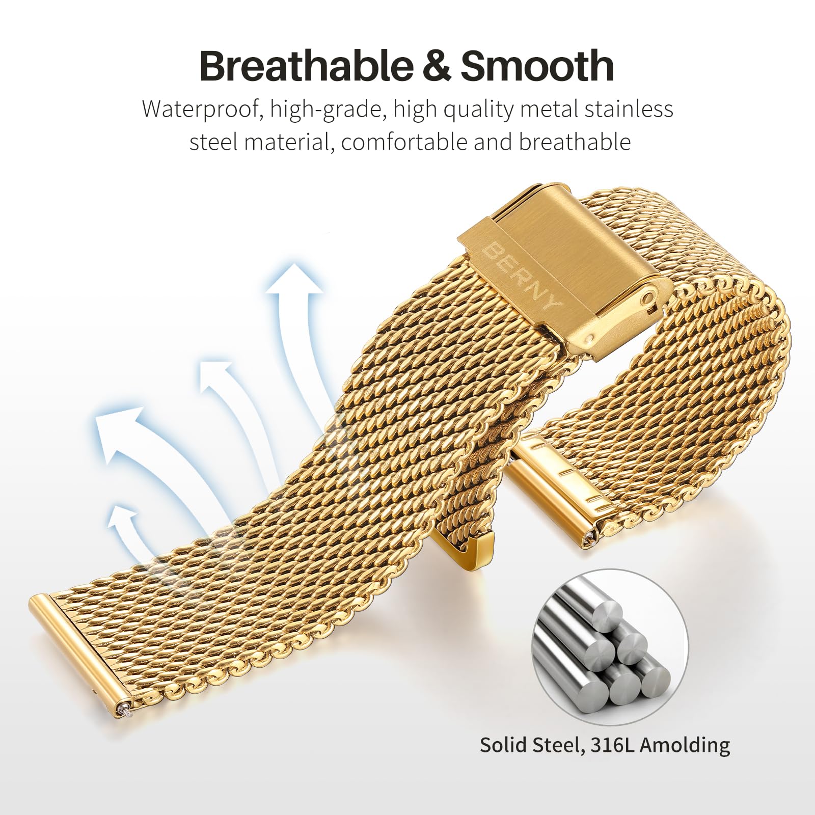 BERNY Stainless Steel Mesh Watch Band for Men Women, Quick Release Adjustable Milanese Watch Straps, Solid Metal Watch Bracelet with Double Safety Clasp Gold 20mm