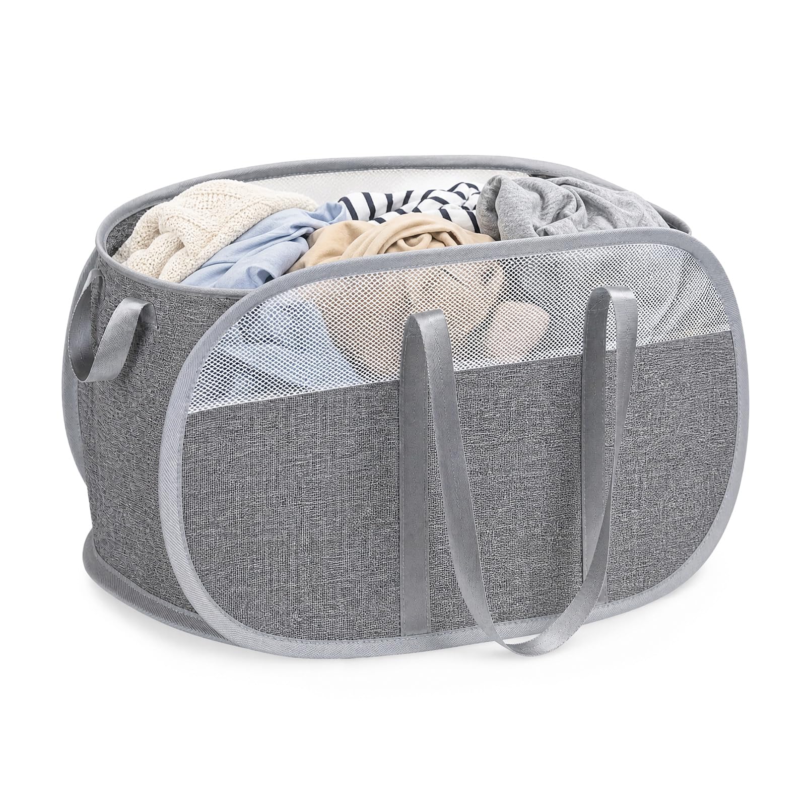 75 L Large Collapsible Laundry Baskets, Pop Up Laundry Basket with Handles and Shoulder Straps, Foldable Laundry Hamper Mesh Washing Basket for University Dorms, Laundrette, Home, 58x36x36cm - Grey