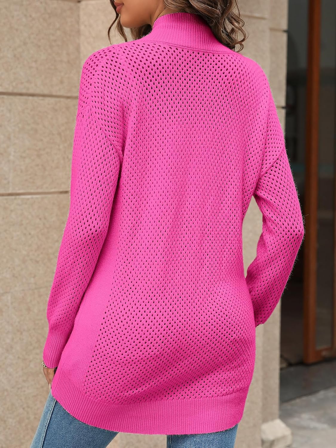 Women's Turtleneck Zip Up Cardigan Sweaters Oversized Drop Shoulder Long Sleeve Casual Solid Mesh Knit Jumper Tops - Image 5