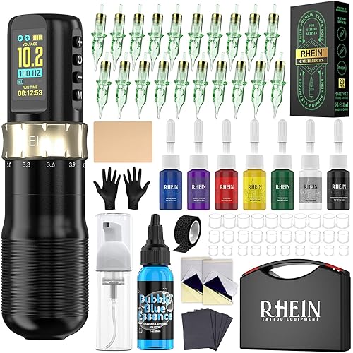 RHEIN Wireless Rotary Tattoo Gun Kit, 7 Adjustable Strokes 2.4-4.2mm, 1800mAh Battery, Custom Core-less Motors, 20 Needles & 7 Inks for Beginners & Artists RN-TKE602B-1