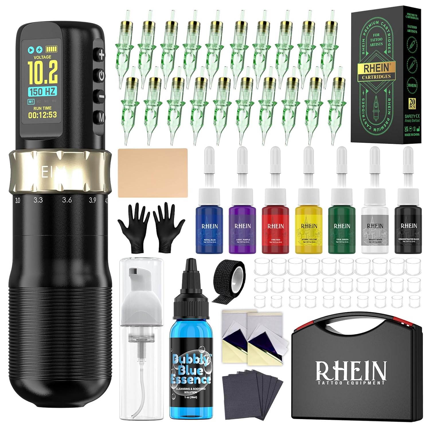 RHEIN Wireless Rotary Tattoo Gun Kit, 7 Adjustable Strokes 2.4-4.2mm, 1800mAh Battery, Custom Core-less Motors, 20 Needles & 7 Inks for Beginners & Artists RN-TKE602B-1
