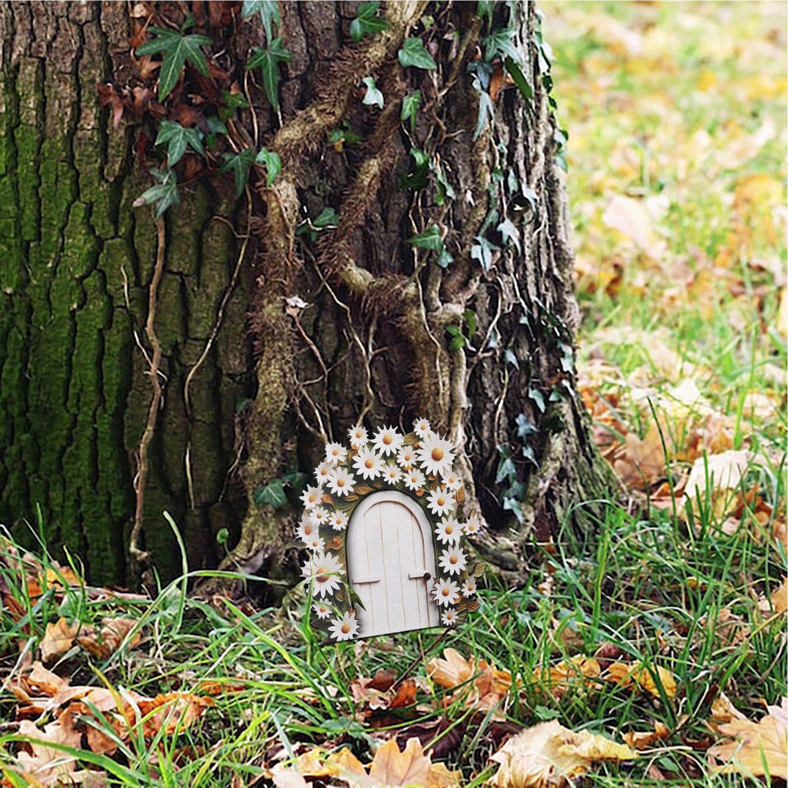 Puerta de hadas de madera, puerta de árbol de hadas en miniatura para decoración de patio, césped, adornos de jardín de hadas para árboles de jardín, accesorios de puerta para pared y árboles al aire