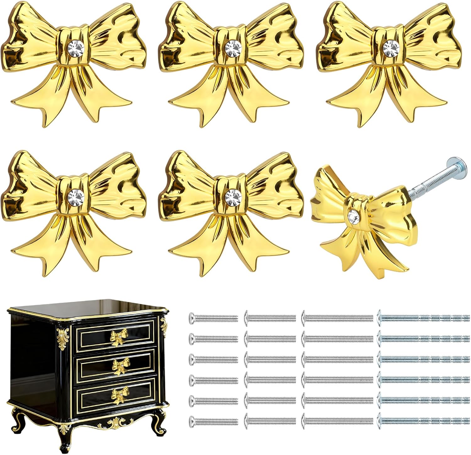 Gold Bow Dresser Knobs Cute Drawer Knobs Zinc Alloy Brushed Hardware Handles Pulls Vintage Cupboard Drawer Knob for Kitchen Cabinets Home Bedroom (6, Shiny Gold-M-6)
