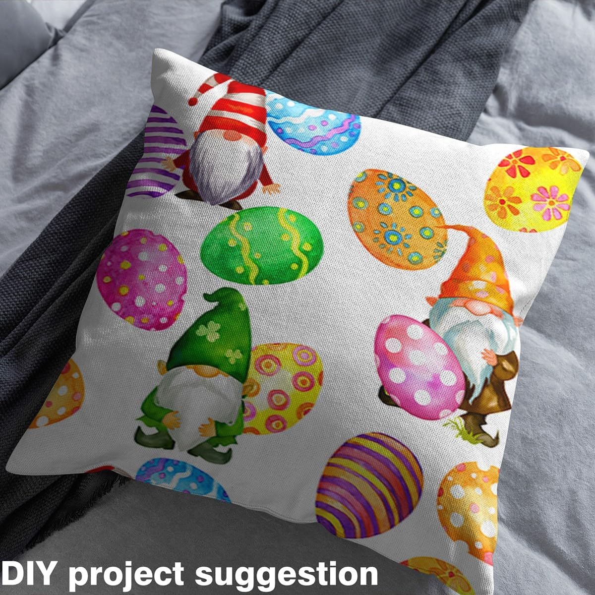 Colorful Cartoon Gnome Fabric by The Yard Easter Theme Watercolor Cute Eggs No Stretch Fabric Rustic Farmhouse Soft Flannel Polyester Fabric for DIY Home Accents 3 Yard Bolt,108x59