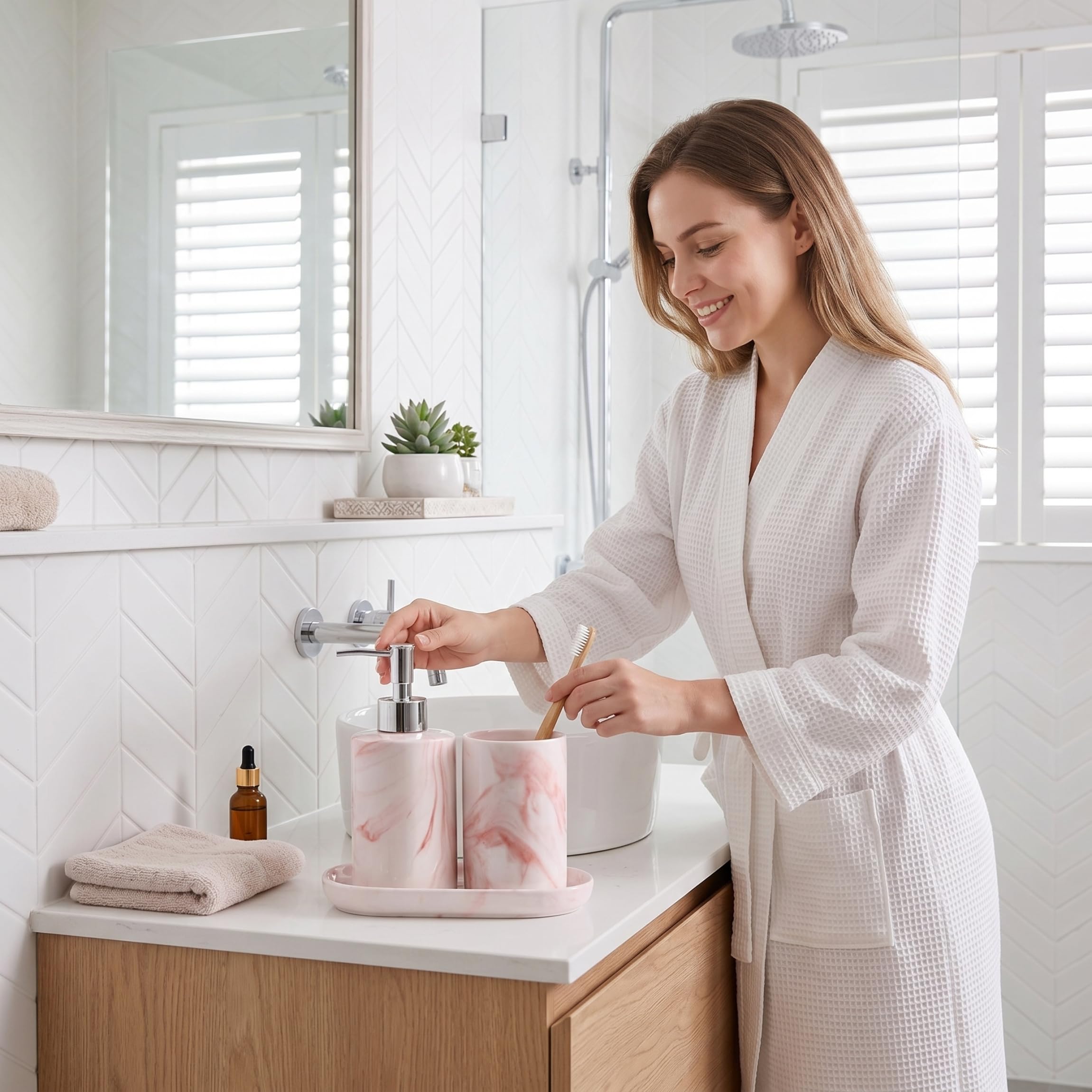 Set 3 Pezzi Porta Sapone e spazzolino da Denti - Set da Bagno in Marmo ceramico di Lusso Nordico, Bicchiere per spazzolino da Denti e portasapone